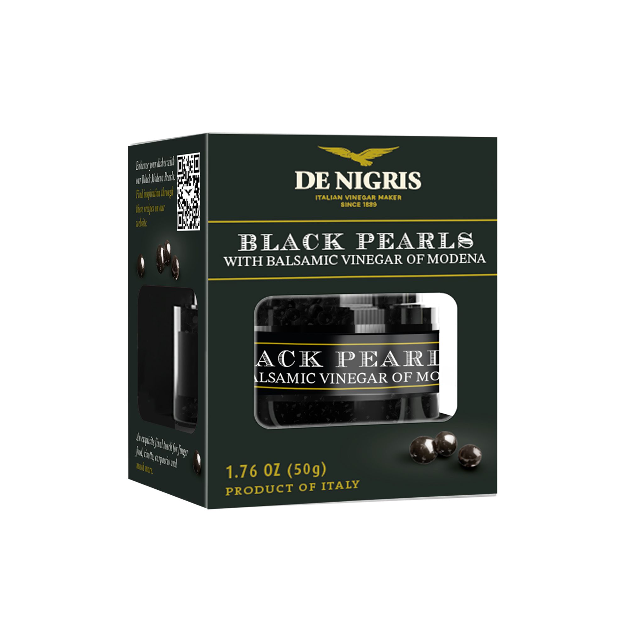 Italian balsamic pearls from De Nigris. Caviar-like spheres filled with Balsamic Vinegar of Modena — a gourmet finishing touch for plating and garnishing.