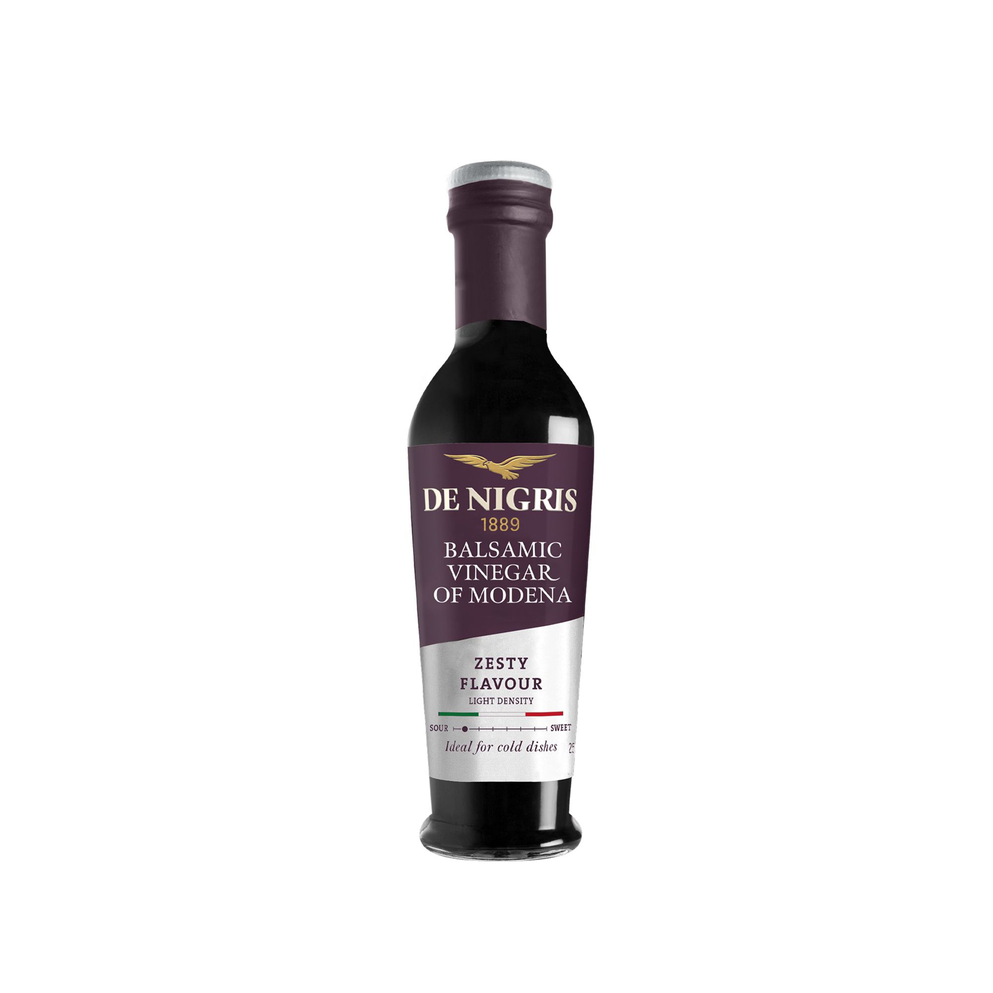 IGP certified Balsamic Vinegar of Modena from De Nigris. A light-density, zesty balsamic ideal for dressings, cold dishes, and everyday kitchen finishing.