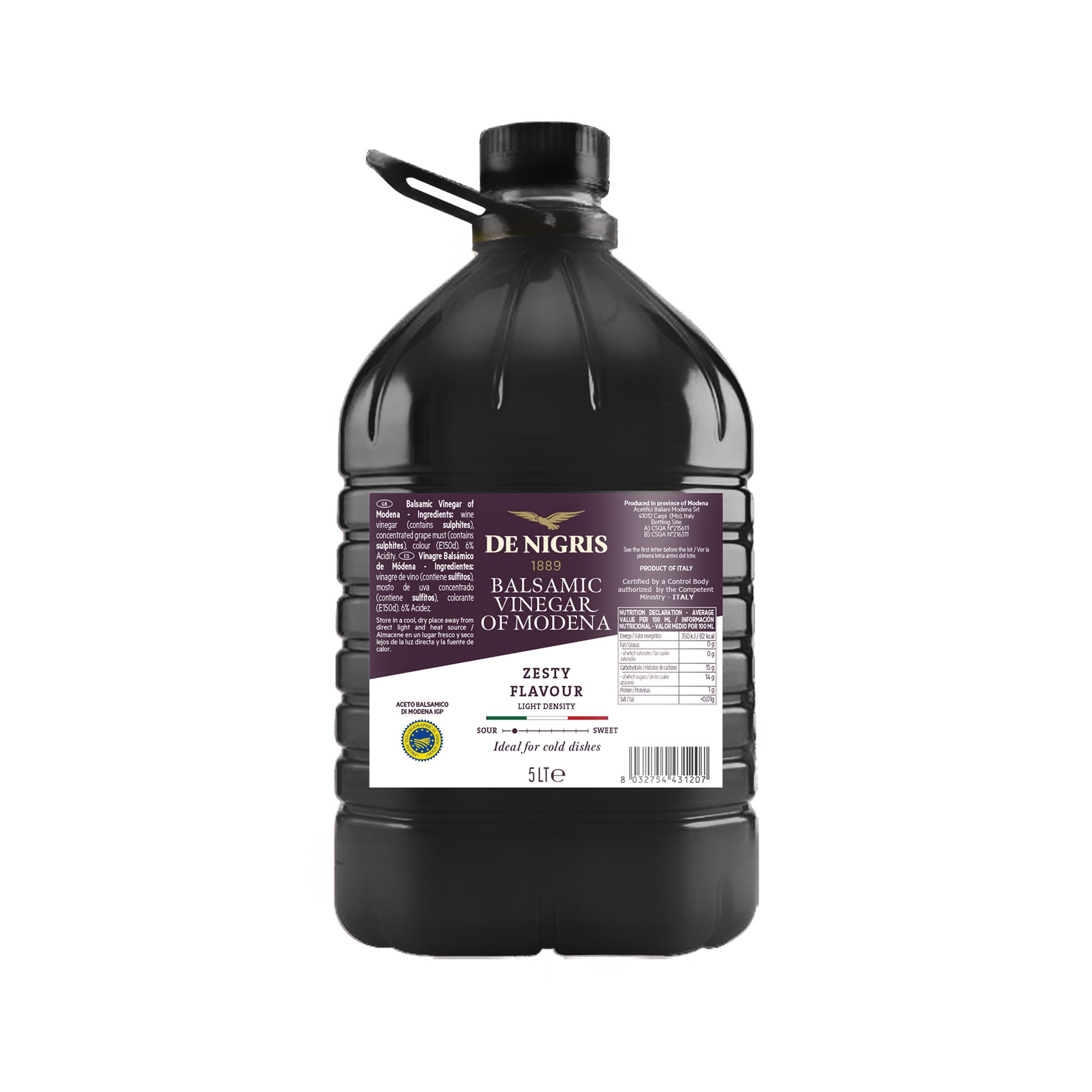 IGP certified Balsamic Vinegar of Modena from De Nigris. A light-density, zesty balsamic — ideal for dressings, cold dishes, and high-volume kitchen use.
