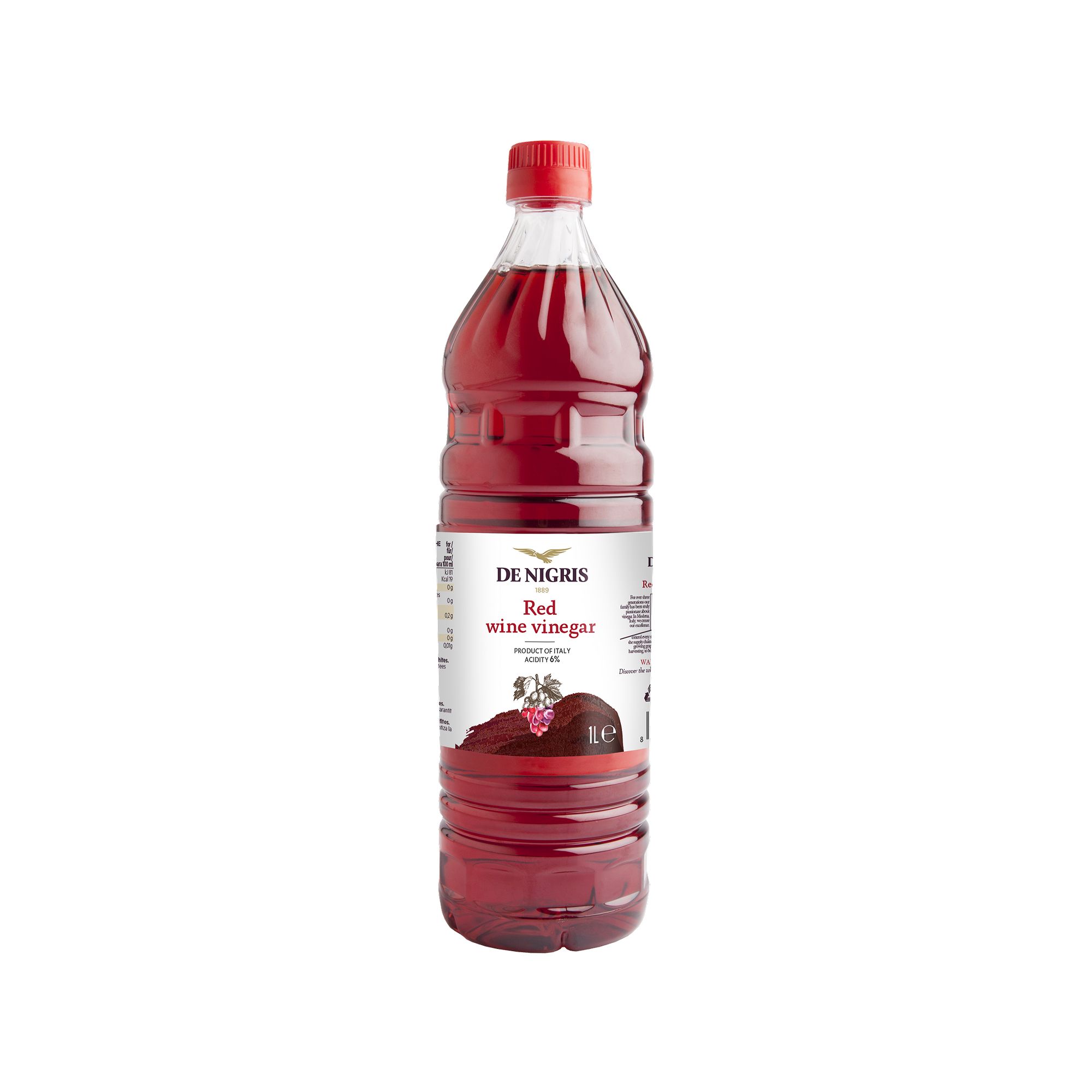 Italian red wine vinegar from De Nigris. A robust, full-bodied 6% acidity vinegar suited to dressings, marinades, braised dishes, and everyday kitchen preparations.