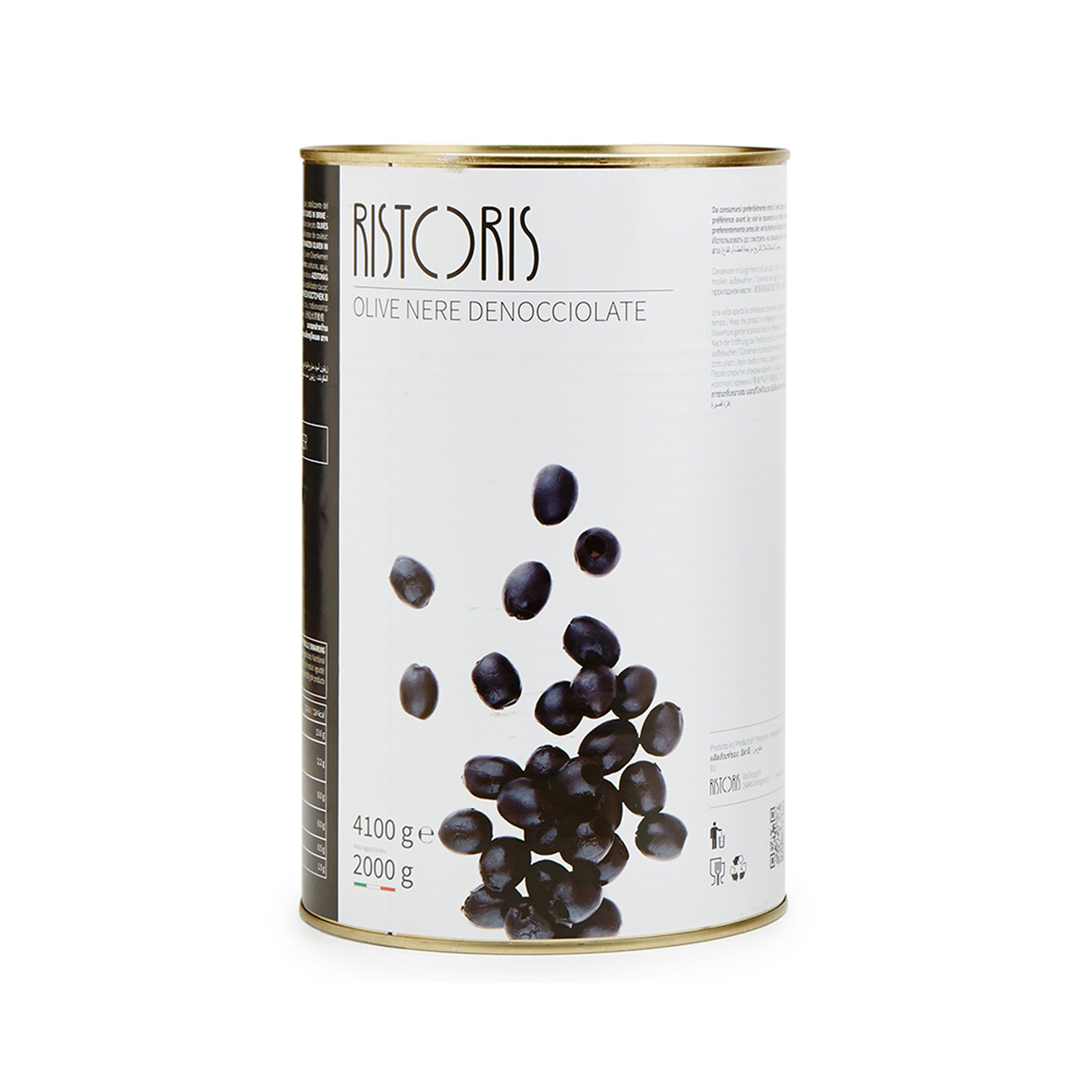 Hojiblanca variety black olives, pitted and preserved in brine. Ready to use.