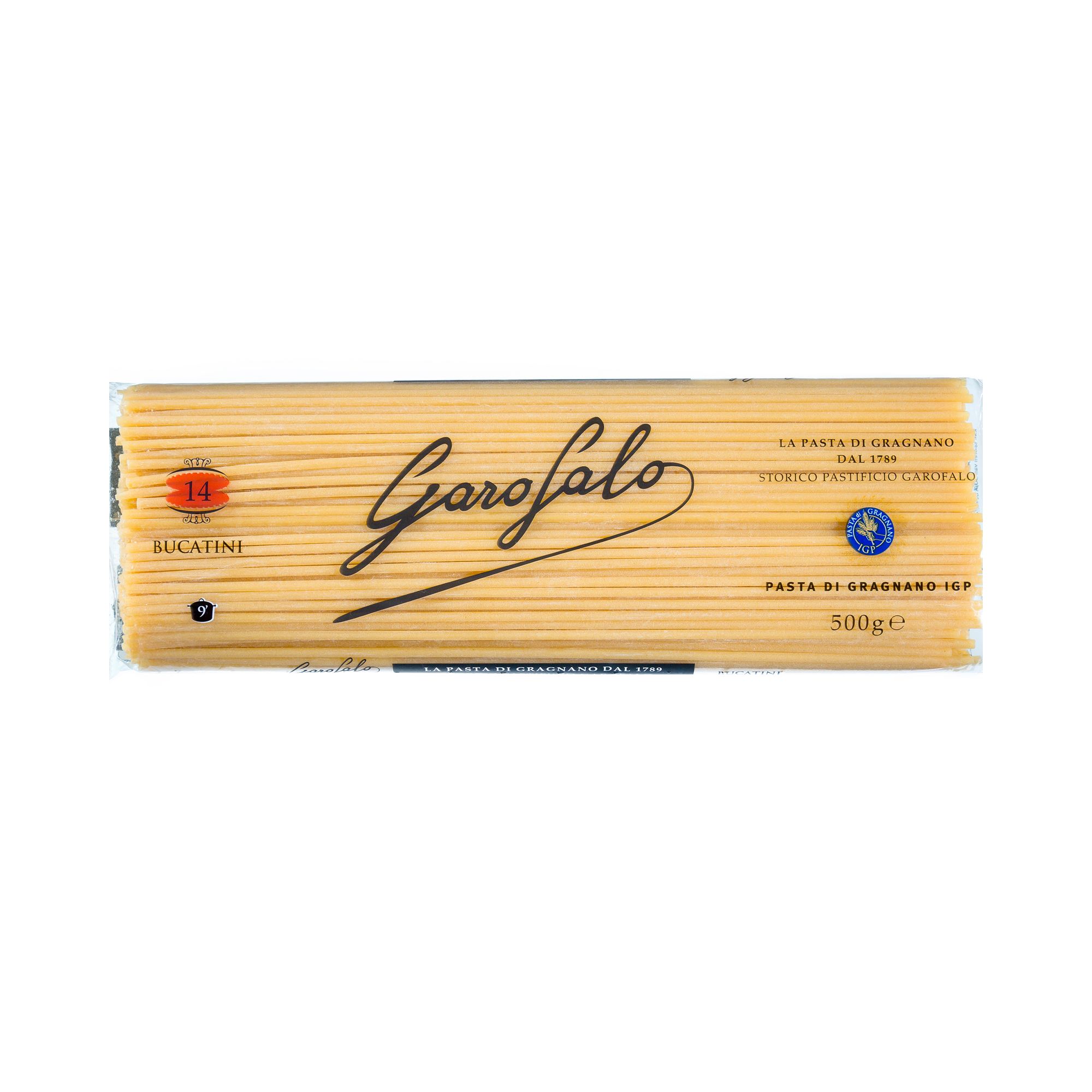Premium Italian bucatini from Gragnano. Bronze-die cut and IGP certified, a long pasta with a hollow centre built for bold Roman classics and intensely flavoured Neapolitan preparations.