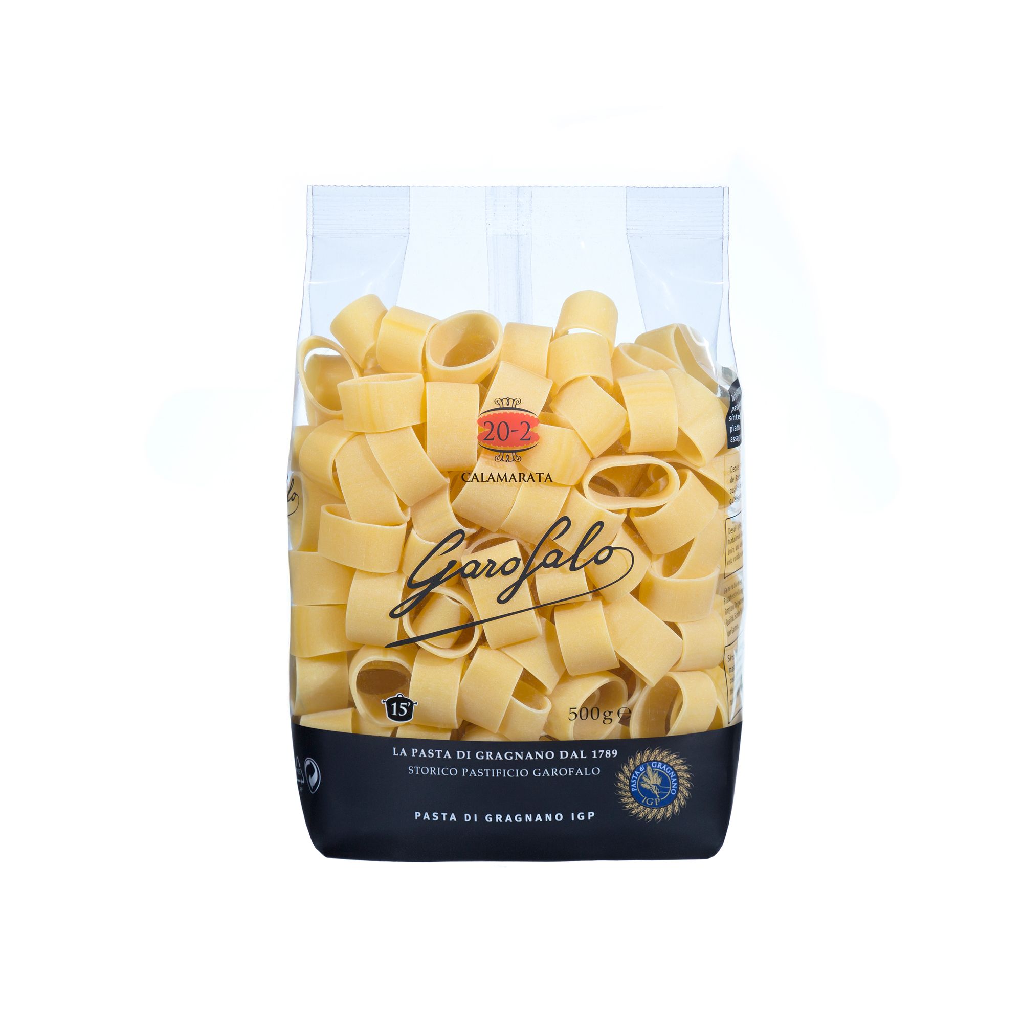 Premium Italian calamarata from Gragnano. Bronze-die cut and IGP certified, a wide ring-shaped pasta from the paccheri family, built for bold seafood and rich sauce preparations.