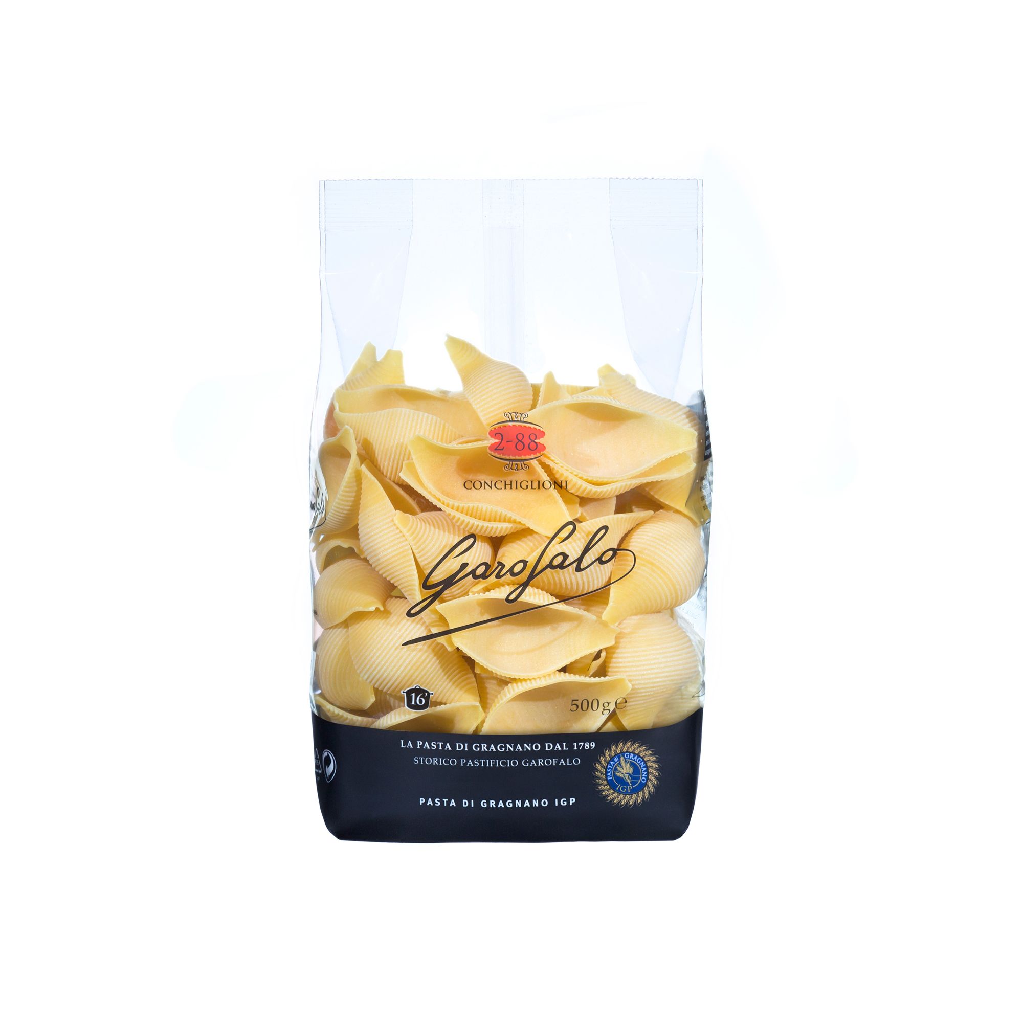 Premium Italian conchiglioni from Gragnano. Bronze-die cut and IGP certified, a large shell-shaped pasta designed for stuffing and baking with meat, vegetable, or cheese fillings.