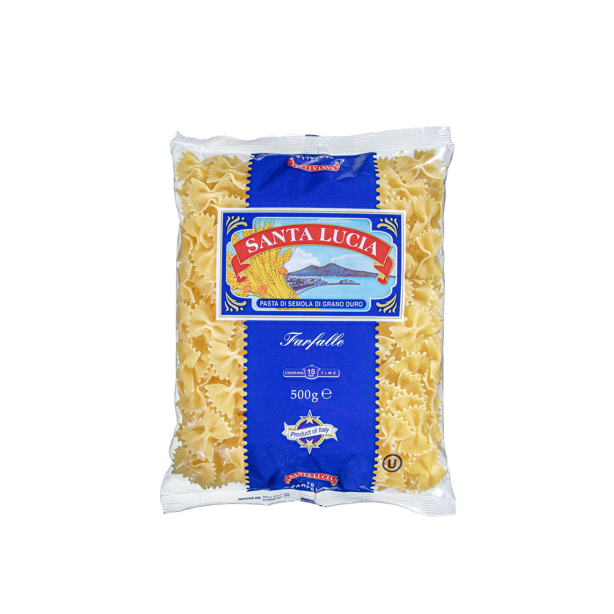 Italian farfalle from Santa Lucia. A distinctive bow-tie shaped pasta well suited to light cream sauces, cold pasta salads, and vegetable-based preparations.