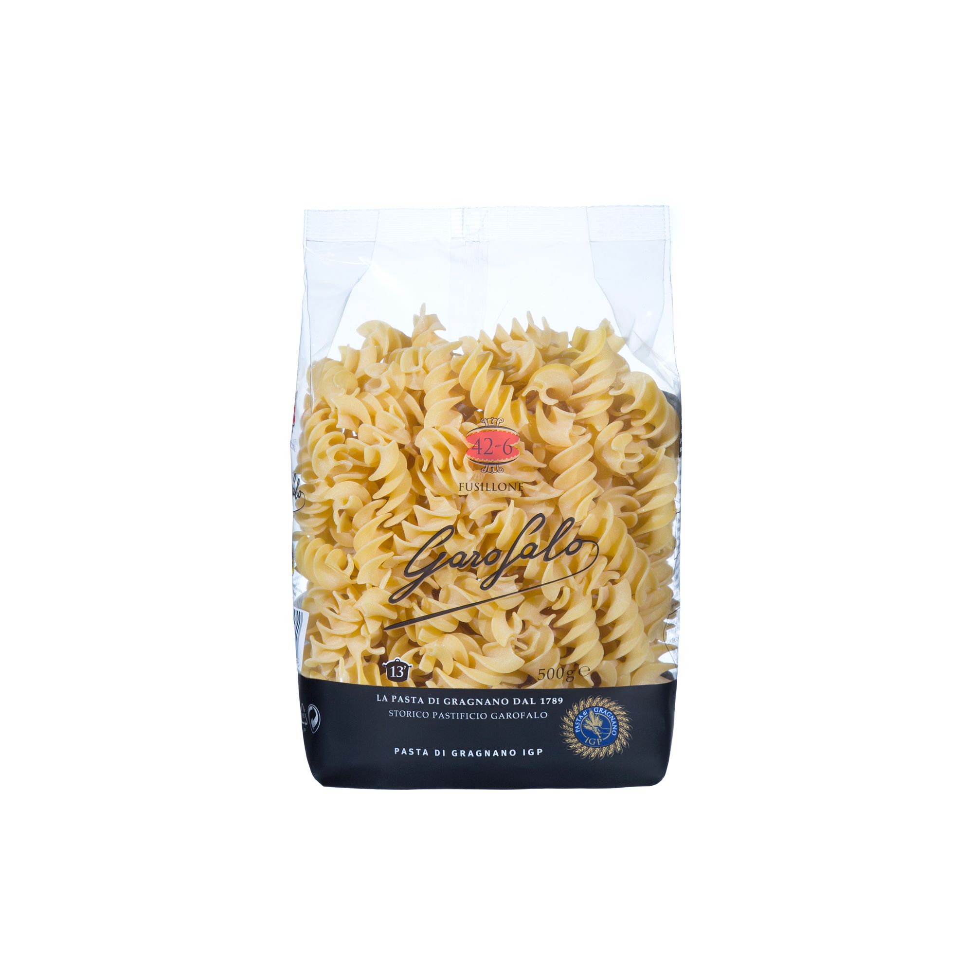 Premium Italian fusillone from Gragnano. Bronze-die cut and IGP certified, a large-format spiral pasta from Campania that draws sauce deep into every twist for a full, rounded flavour.