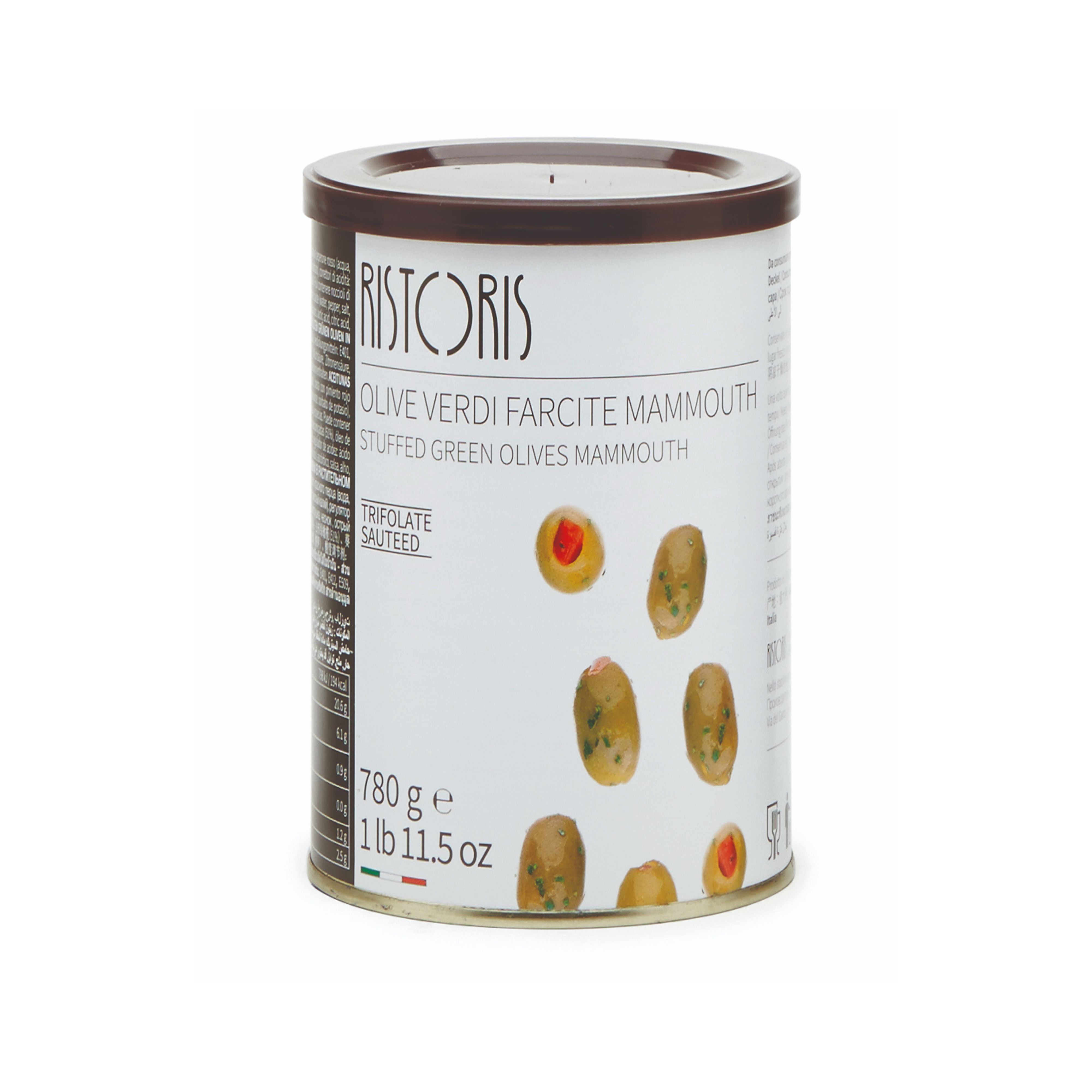 Large-format pitted green olives stuffed with red pepper paste and seasoned in the Italian trifolate style with parsley, garlic, chilli, and spices.