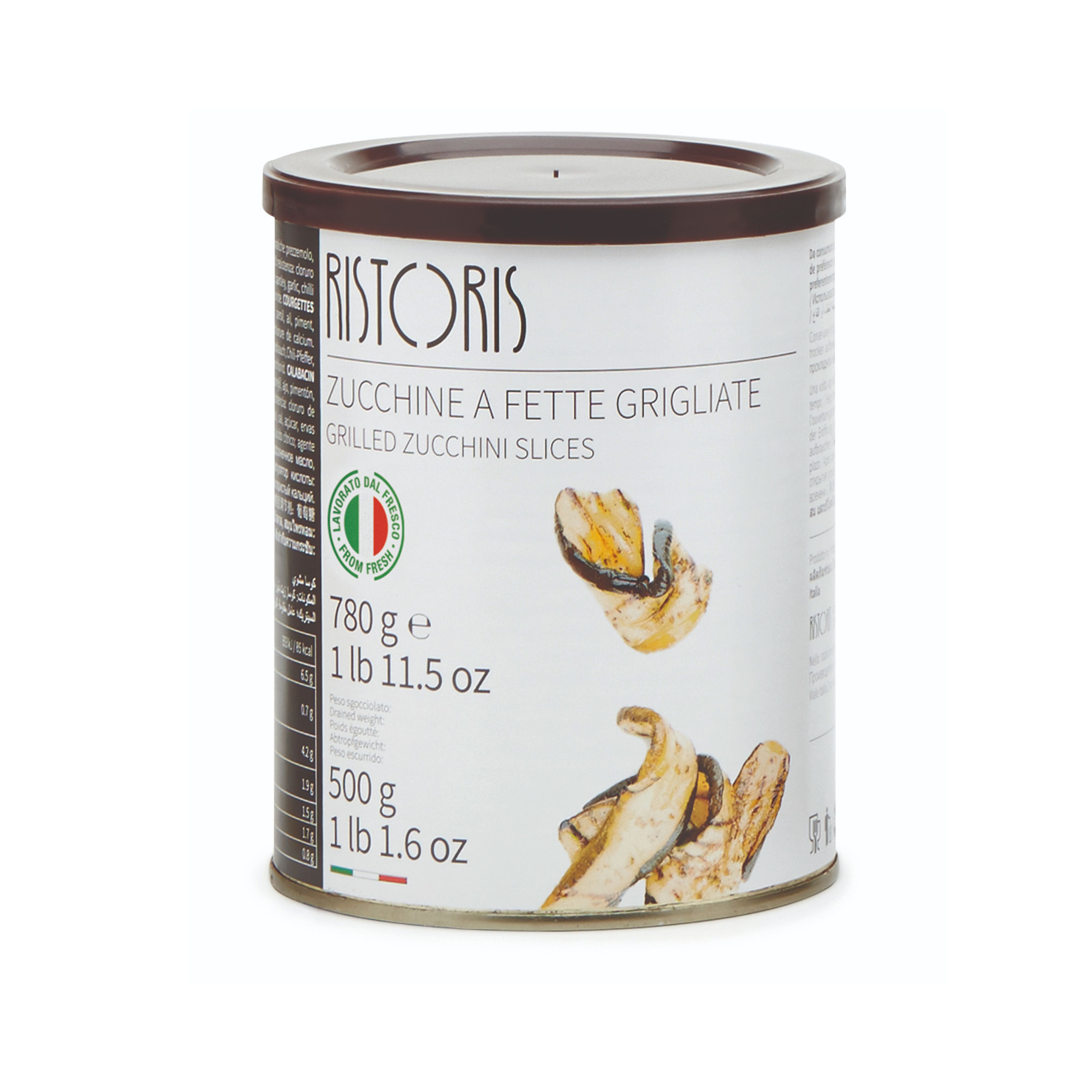 Italian courgettes, selected for size and quality, sliced lengthwise, grilled, and preserved in sunflower oil with herbs and spices.
