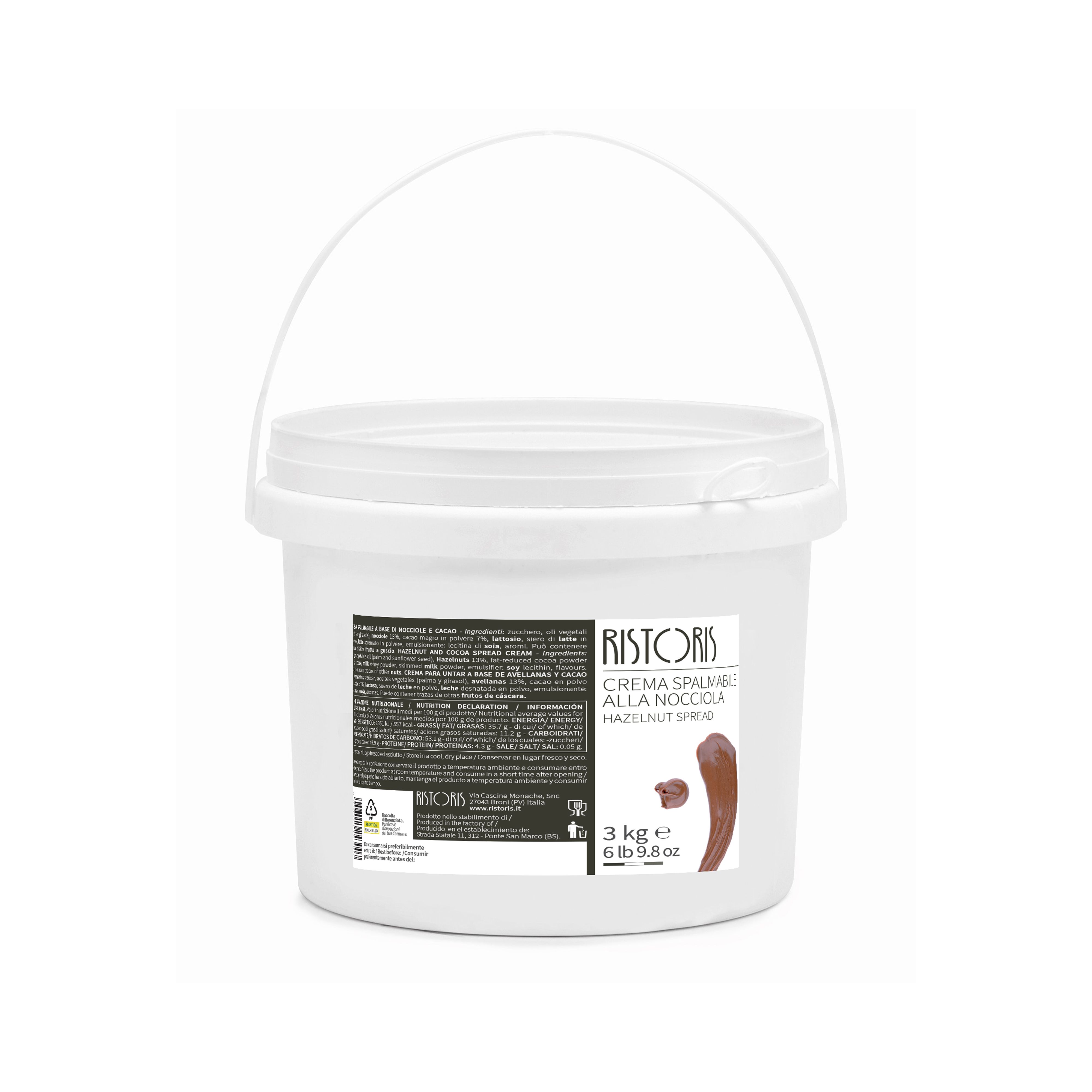 A smooth chocolate and hazelnut spread with 13% hazelnut content and 7% cocoa, produced in Italy for professional foodservice use.