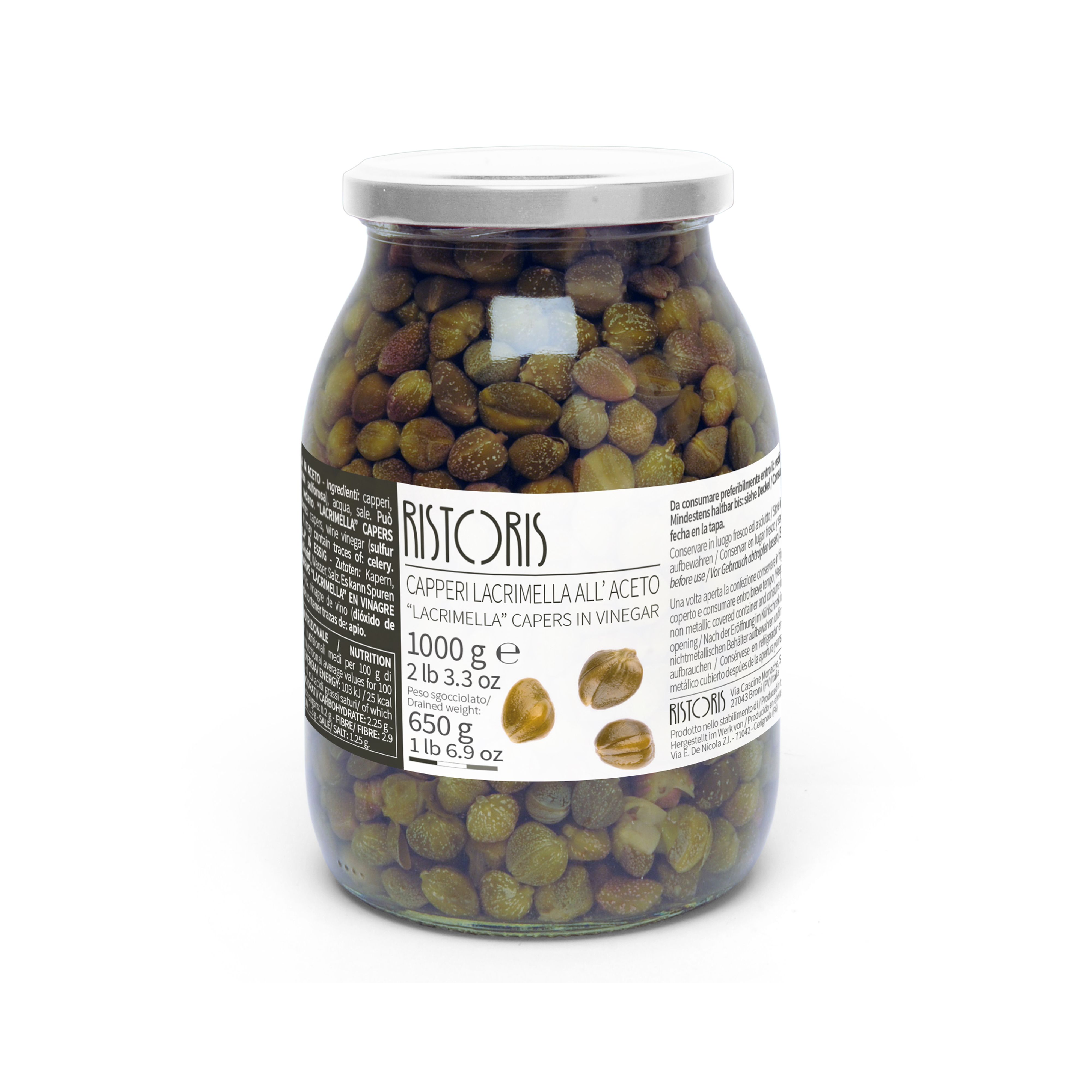 Lacrimella grade capers (9–10mm) hand-picked and preserved in wine vinegar, with an intense green colour, firm pulp, and a clean, delicate flavour.