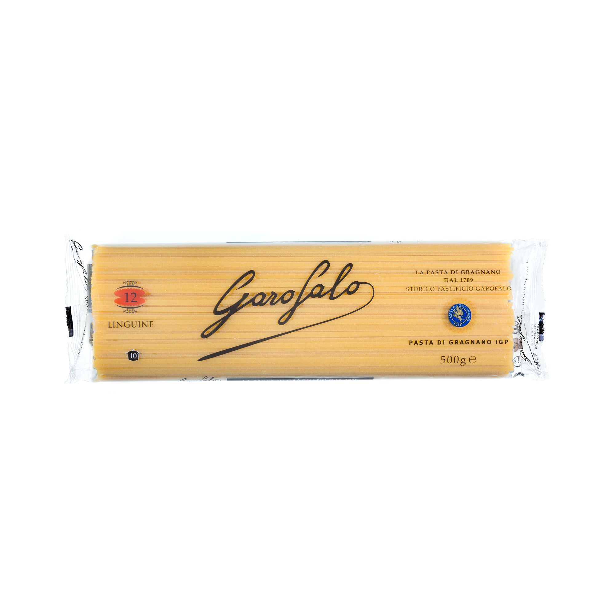 Premium Italian linguine from Gragnano. Bronze-die cut and IGP certified, ideal for seafood sauces, pesto, and light vegetable-based dishes.