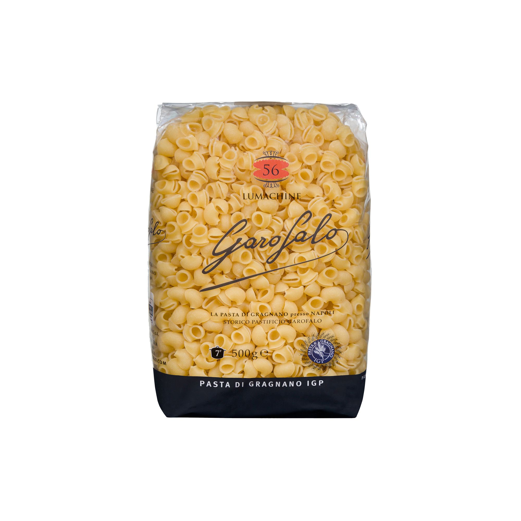 Premium Italian lumachine from Gragnano. Halal certified and IGP certified, a small, smooth shell-shaped pasta with a ideal for legume soups, broths, and light sauce preparations.