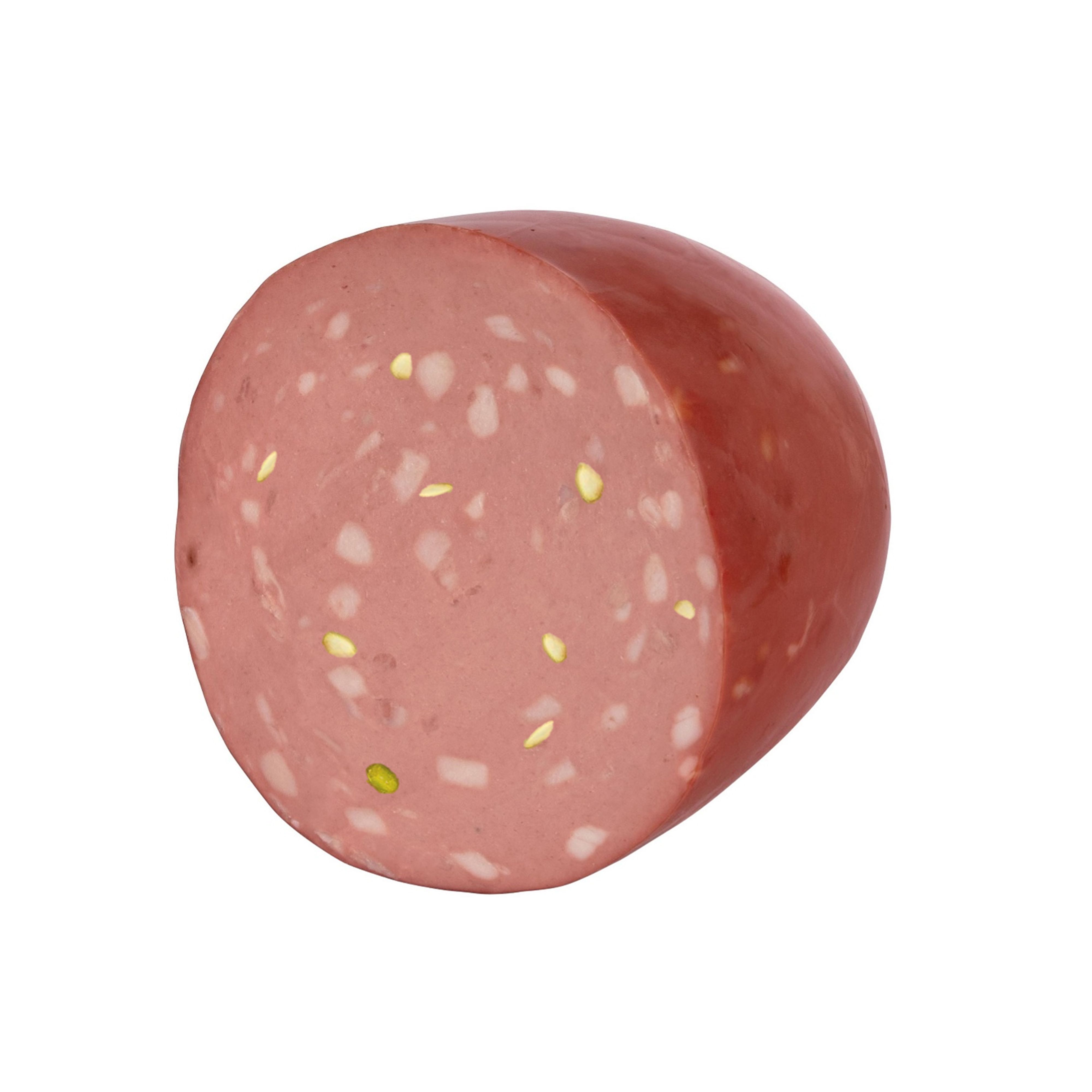 Imported Italian Mortadella Bologna PGI from Villani. A light, delicately garlic-seasoned mortadella with pistachio, smooth, fragrant, and easily digestible.