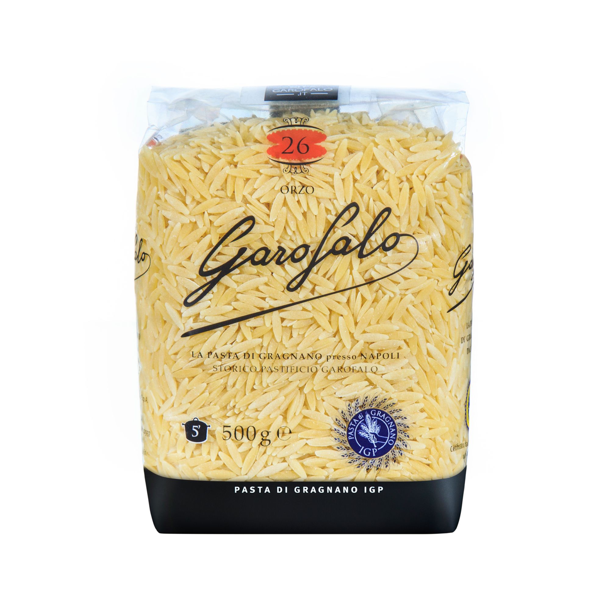 Premium Italian orzo from Gragnano. Kosher and vegan certified, a small, rice-shaped IGP pastina ideal for soups, light broths, and quick pasta preparations.