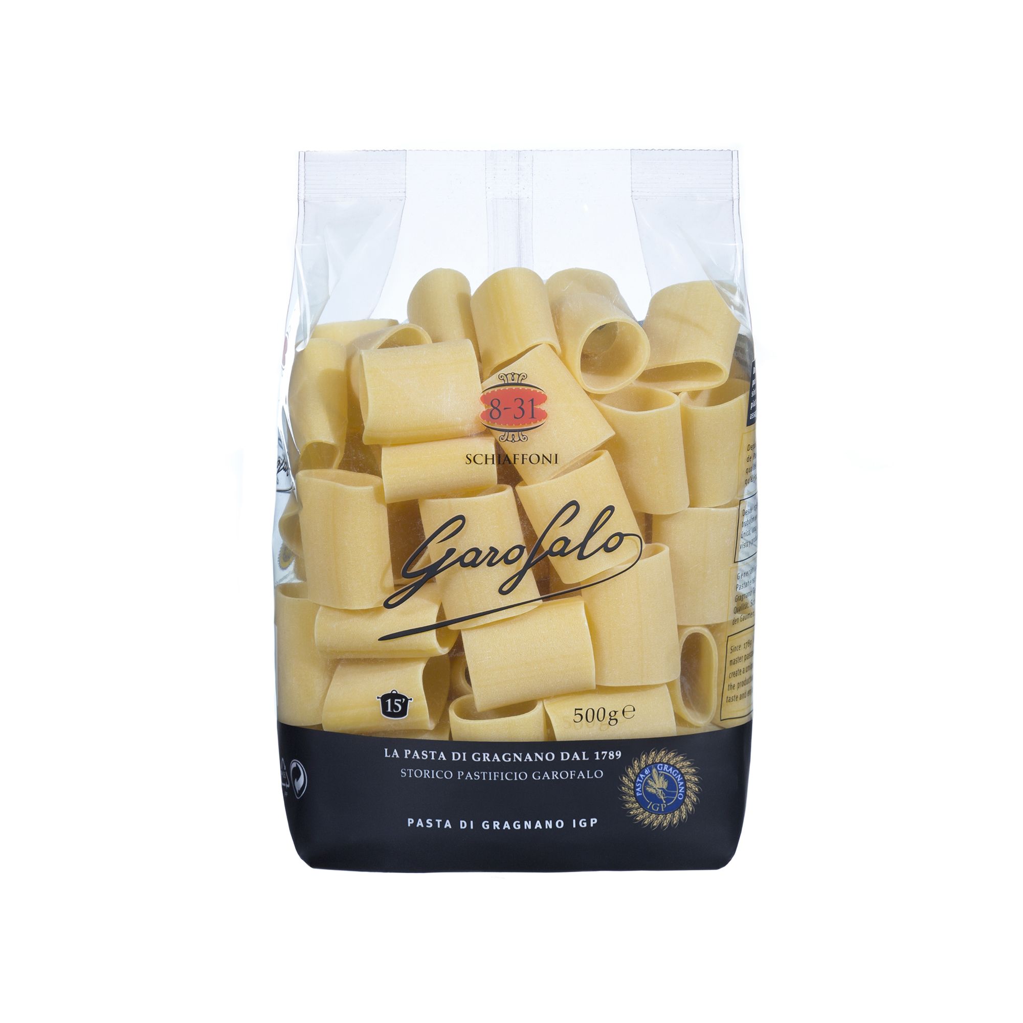 Premium Italian paccheri from Gragnano. Bronze-die cut and IGP certified, a generously sized Neapolitan pasta tube built for rich sauces, seafood fillings, and bold stuffed preparations.