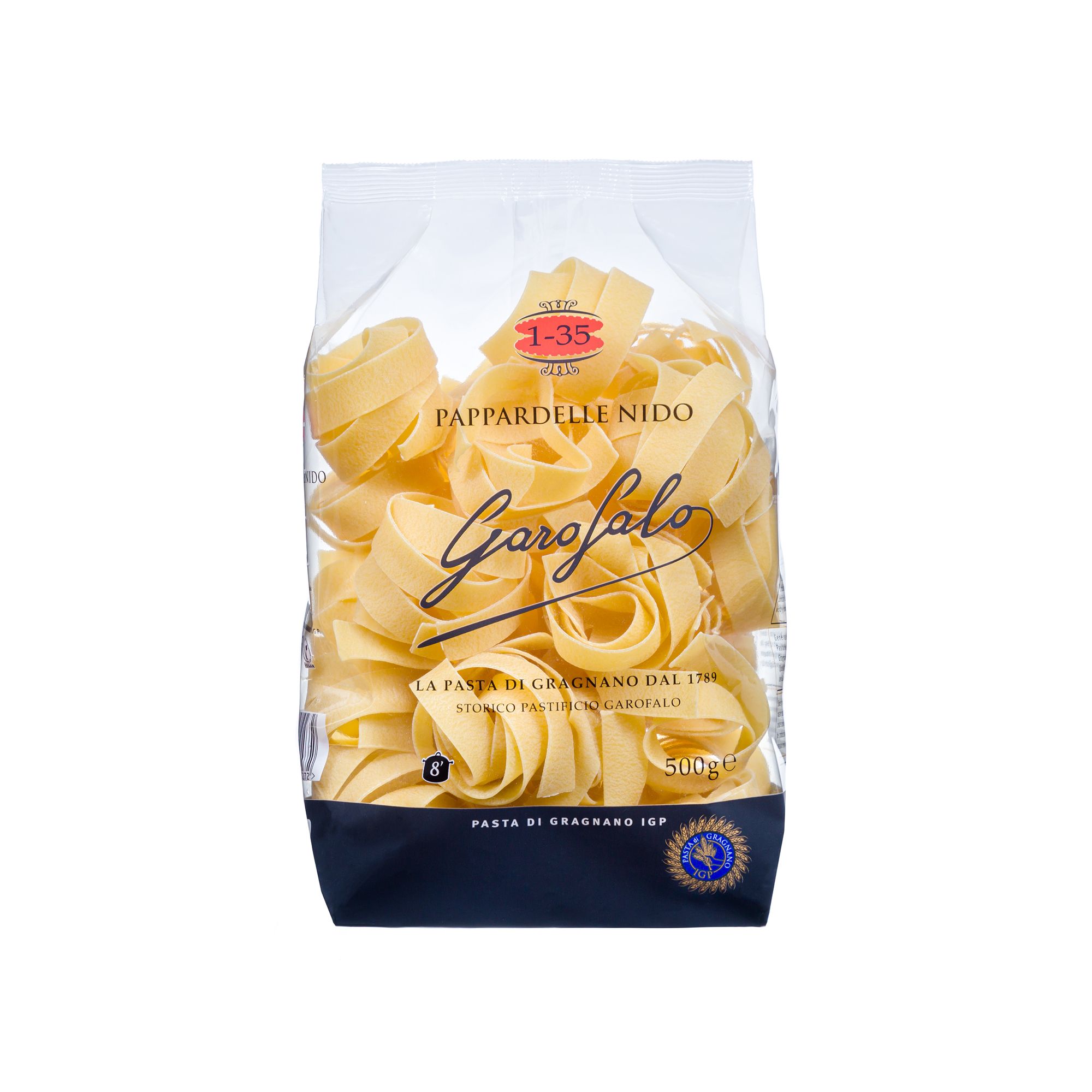 Premium Italian pappardelle from Gragnano. Bronze-die cut and IGP certified, a wide Tuscan ribbon pasta built for rich, slow-cooked sauces and bold mushroom preparations.