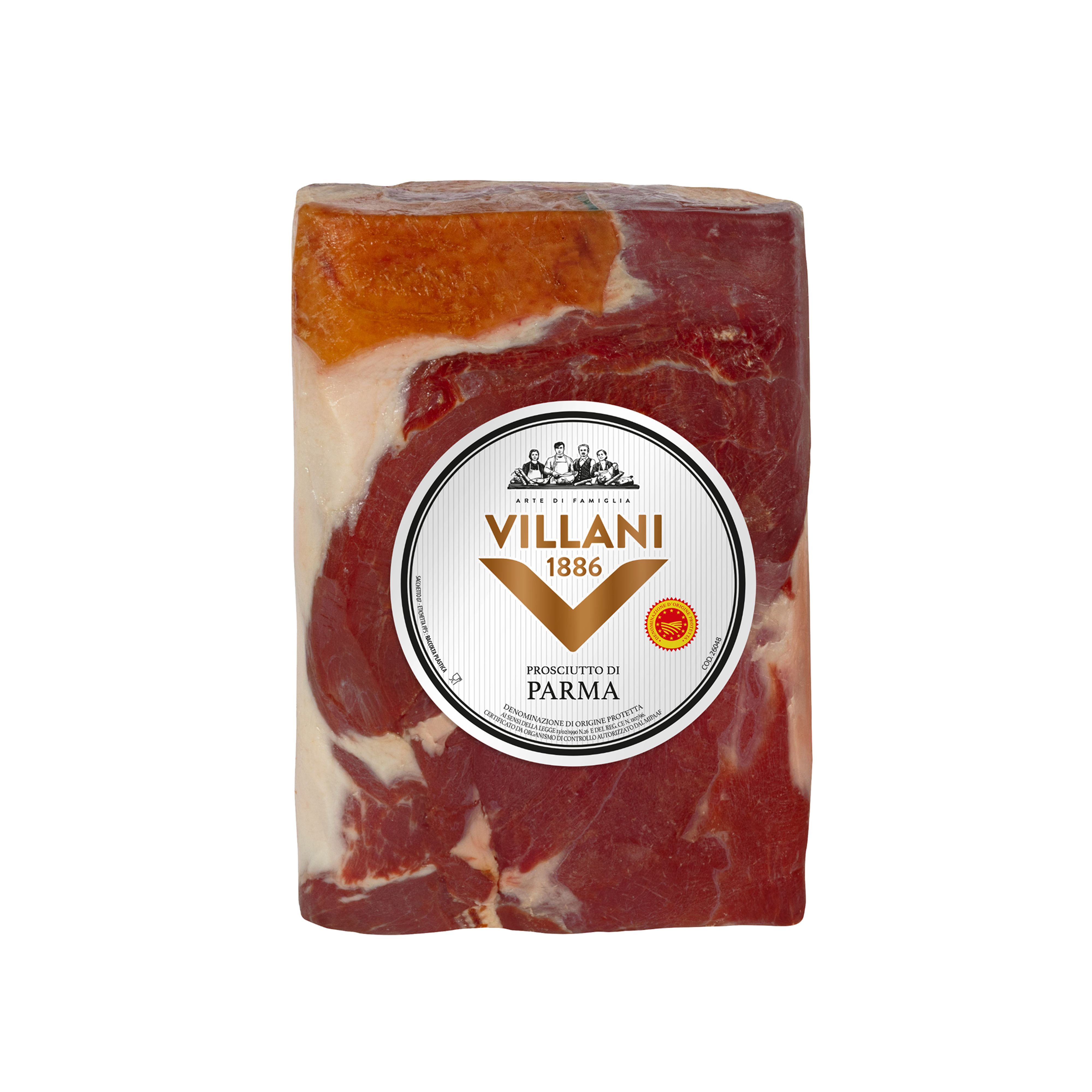 Imported Italian Parma Ham from Villani in a pressed brick format. PDO-certified, cured for a minimum of 13 months, shaped for maximum slice yield and ready for immediate use at the counter.