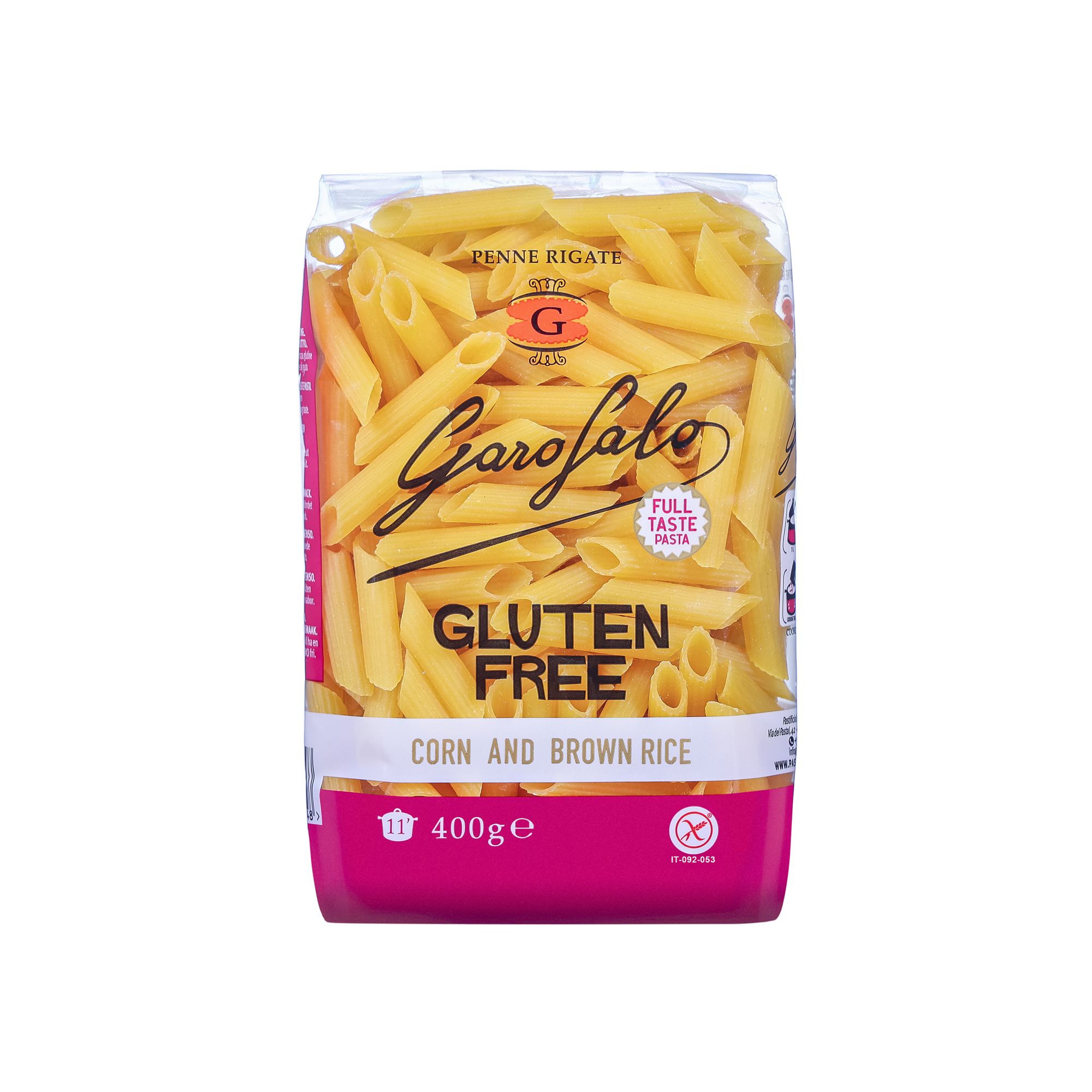 Premium gluten free penne rigate from Gragnano. Bronze-die cut from a carefully selected flour blend — a ridged, sauce-gripping short pasta for coeliacs and gluten-intolerant diners.