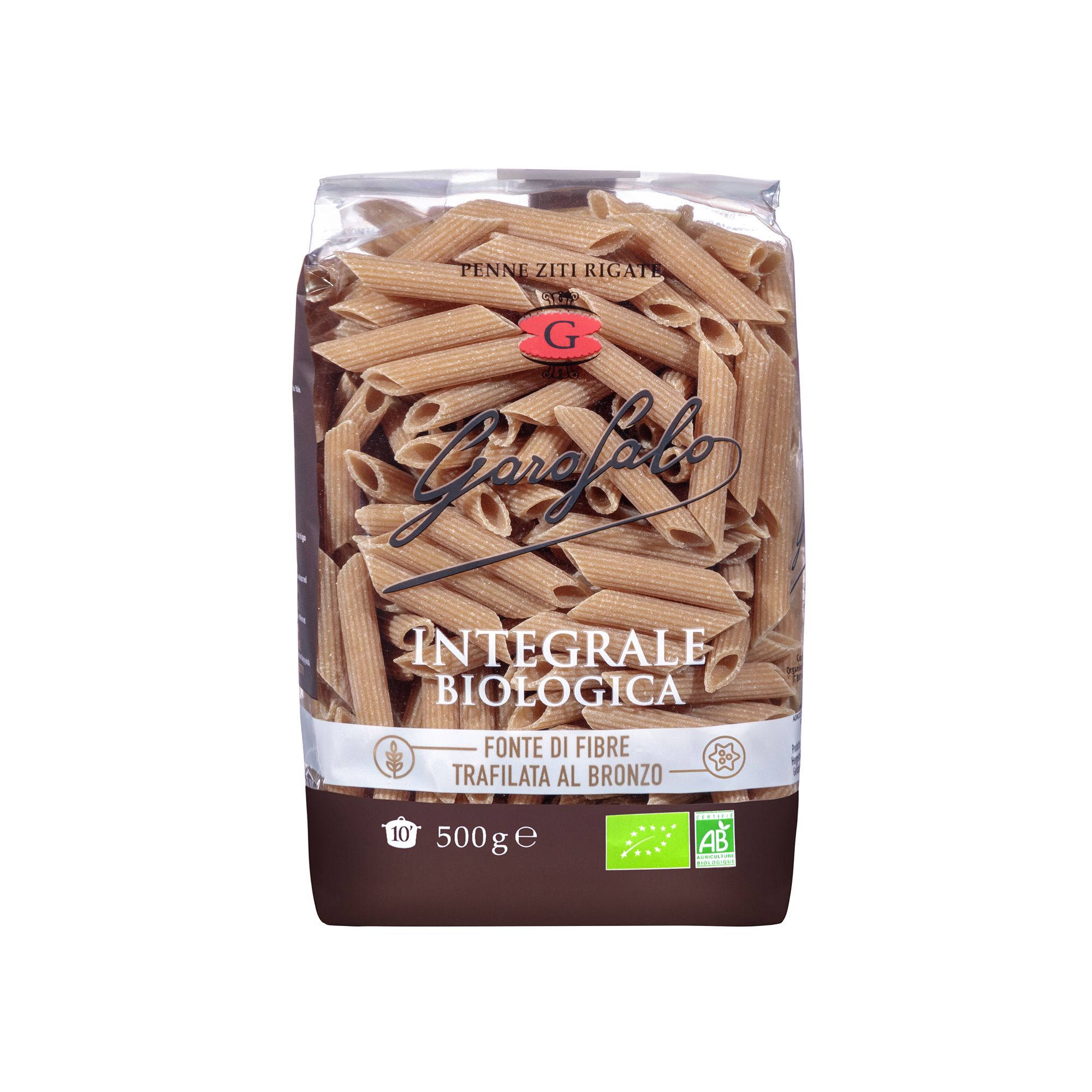 Organic Italian whole wheat penne rigate from Gragnano. Kosher certified, a natural source of fibre with a ridged surface that absorbs sauces well.