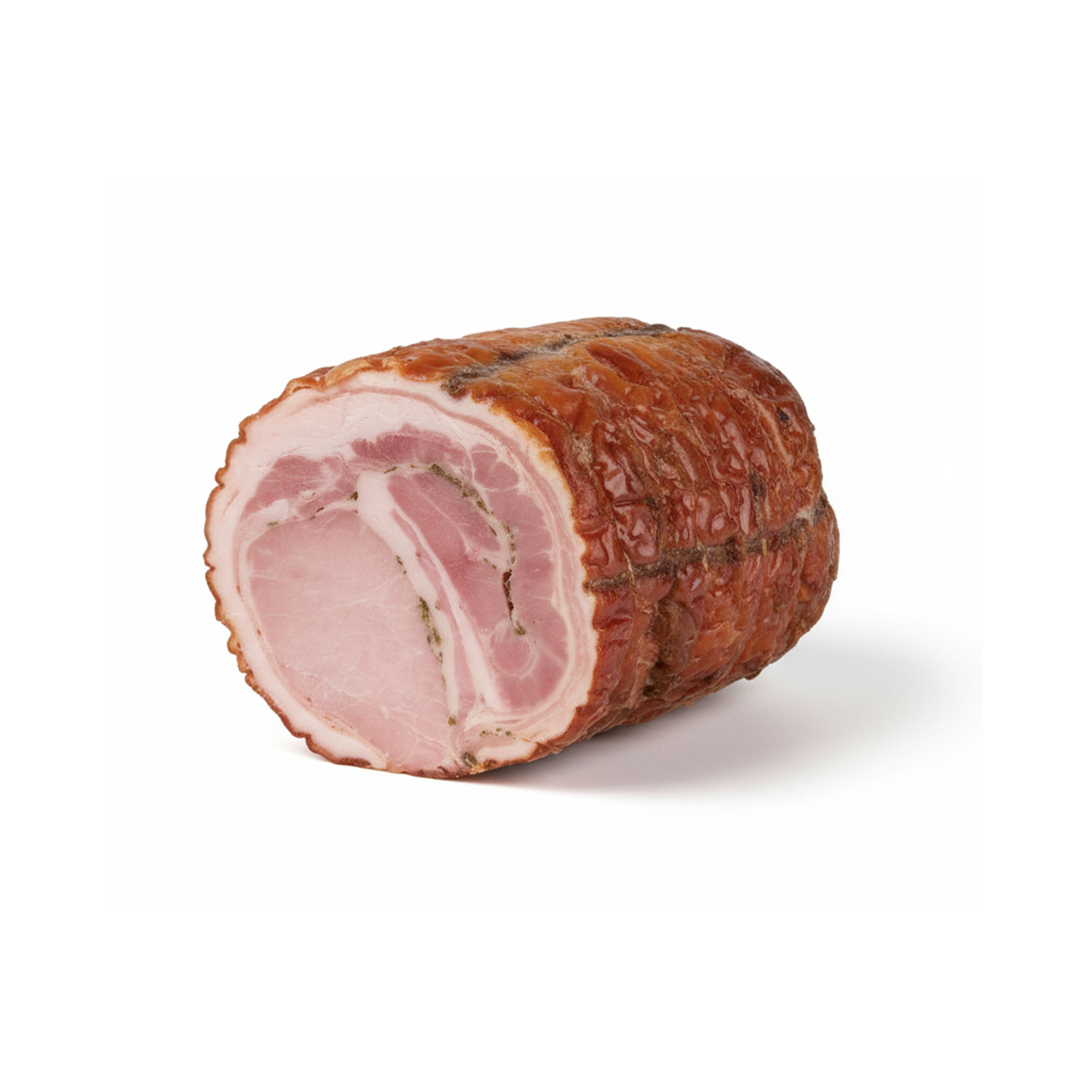 Imported Italian porchetta from Villani. A whole loin and pancetta roll seasoned with salt, pepper and rosemary. Oven-roasted and grilled for a crunchy exterior and soft, fragrant centre.