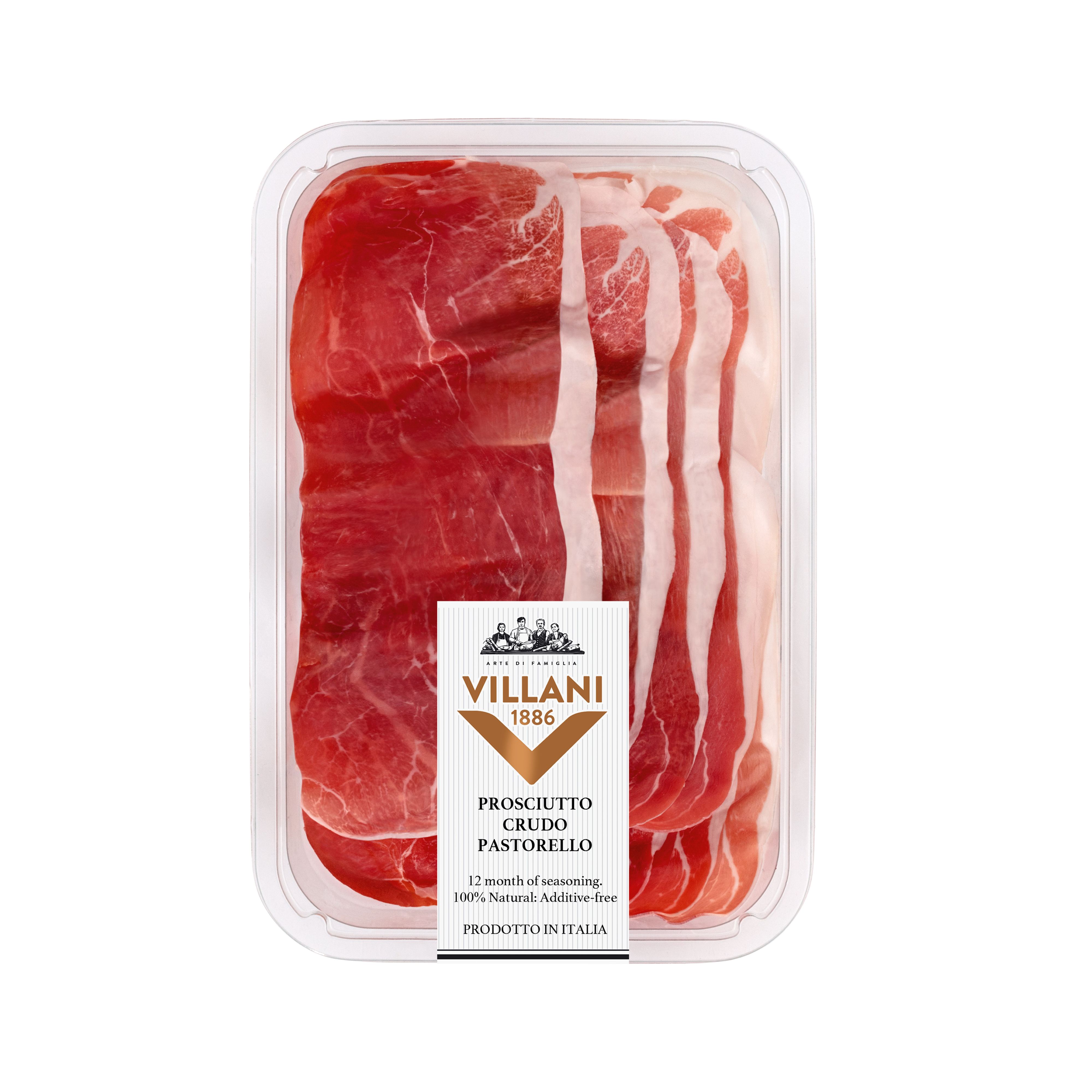 Imported Italian dry-cured ham from Villani, pre-sliced and ready to serve. Additive-free, flavoursome, and convenient.