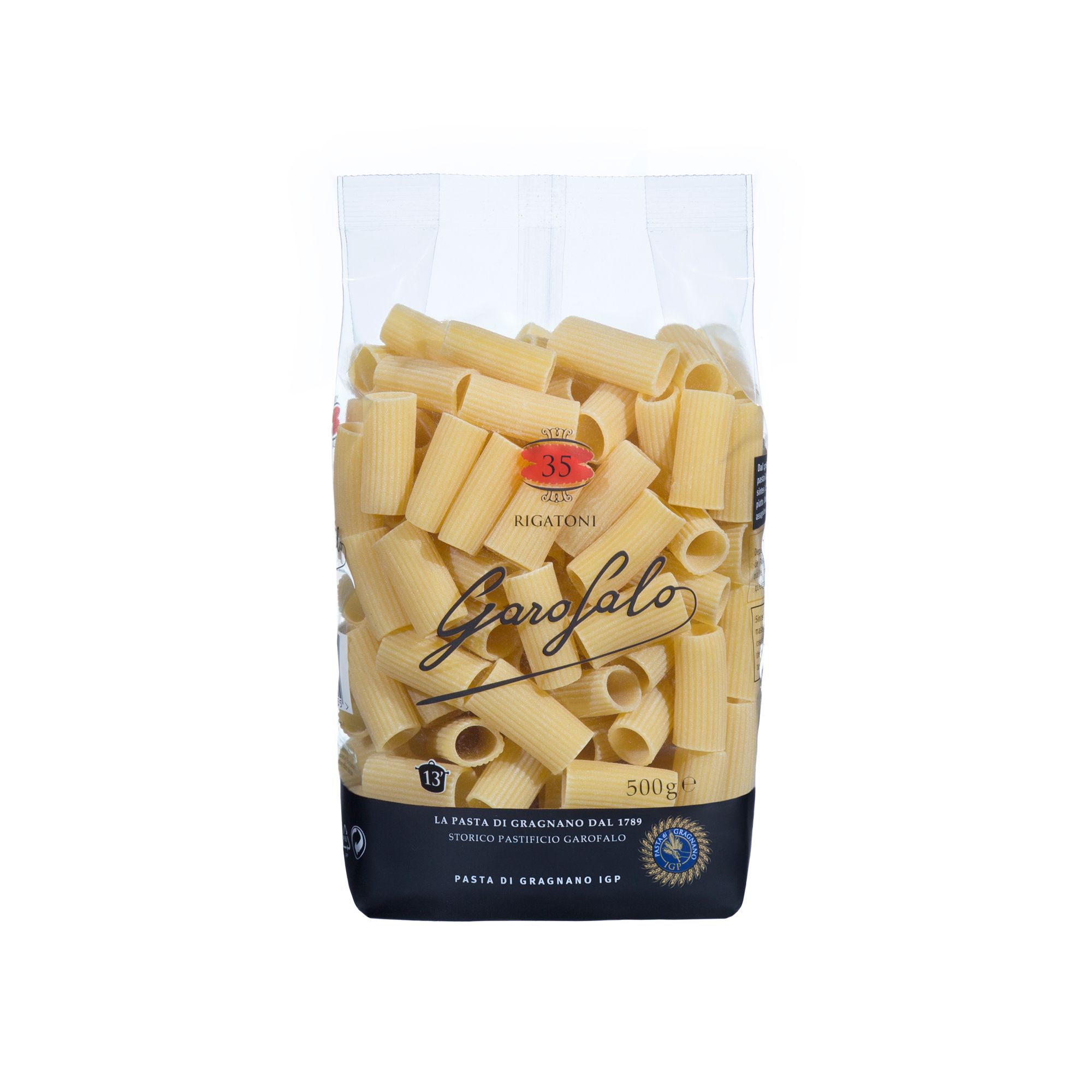 Premium Italian rigatoni from Gragnano. Bronze-die cut and IGP certified, built for meat sauces, classic Roman dishes, and baked pasta preparations.