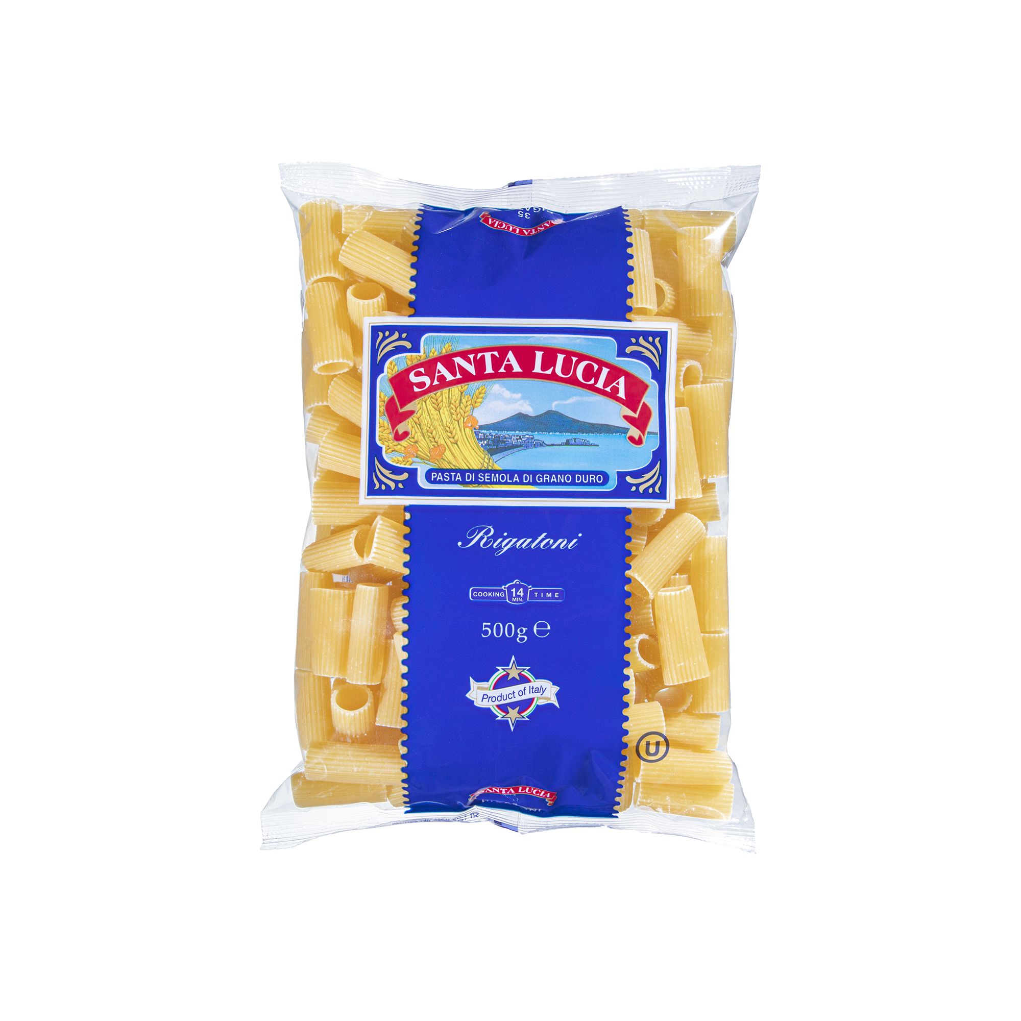 Italian rigatoni from Santa Lucia. A wide, ridged tubular pasta well suited to meat ragùs, classic Roman sauces, and baked pasta preparations.