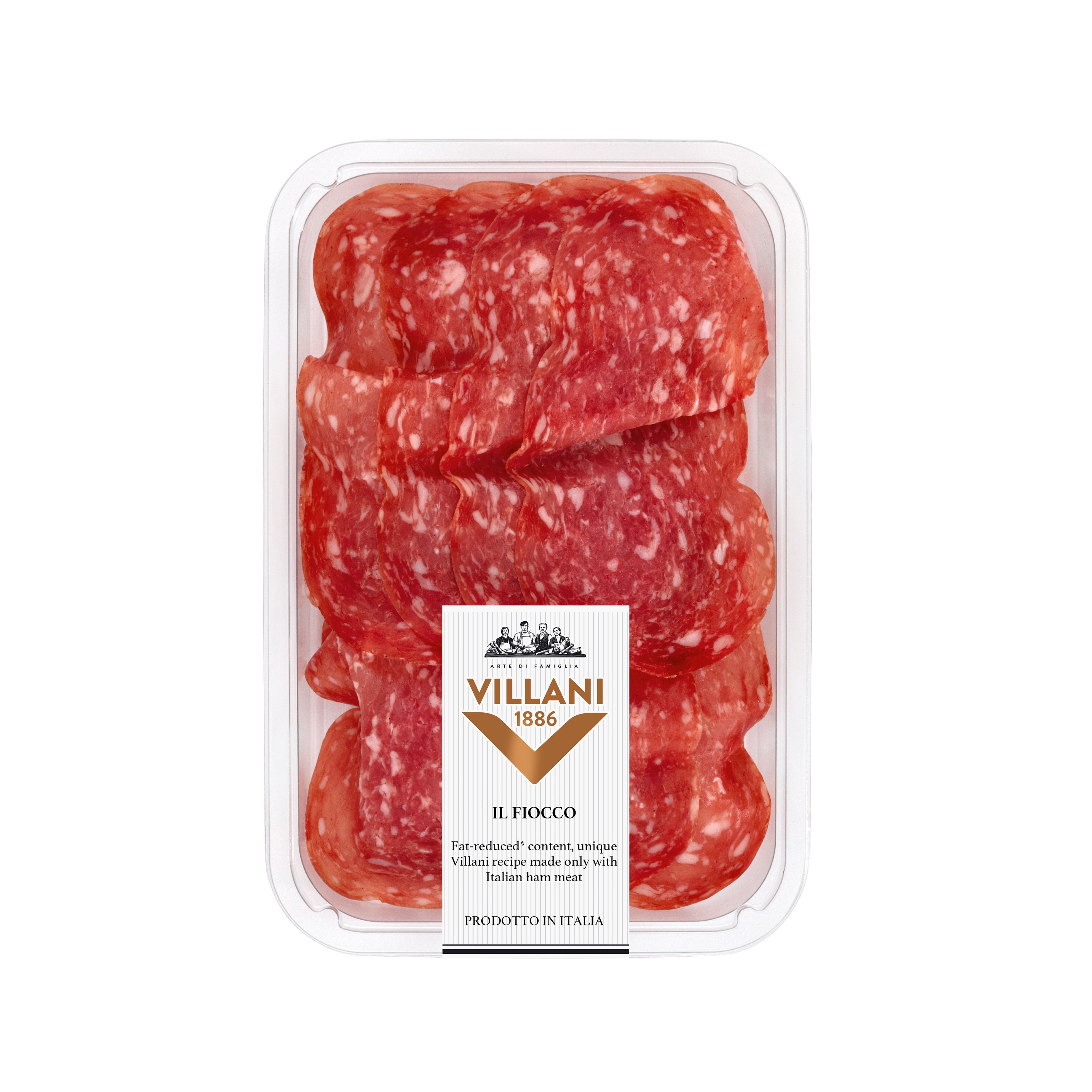 Imported Italian salami Fiocco from Villani, pre-sliced and ready to serve. A light, low-fat salami made from the finest Italian pork.