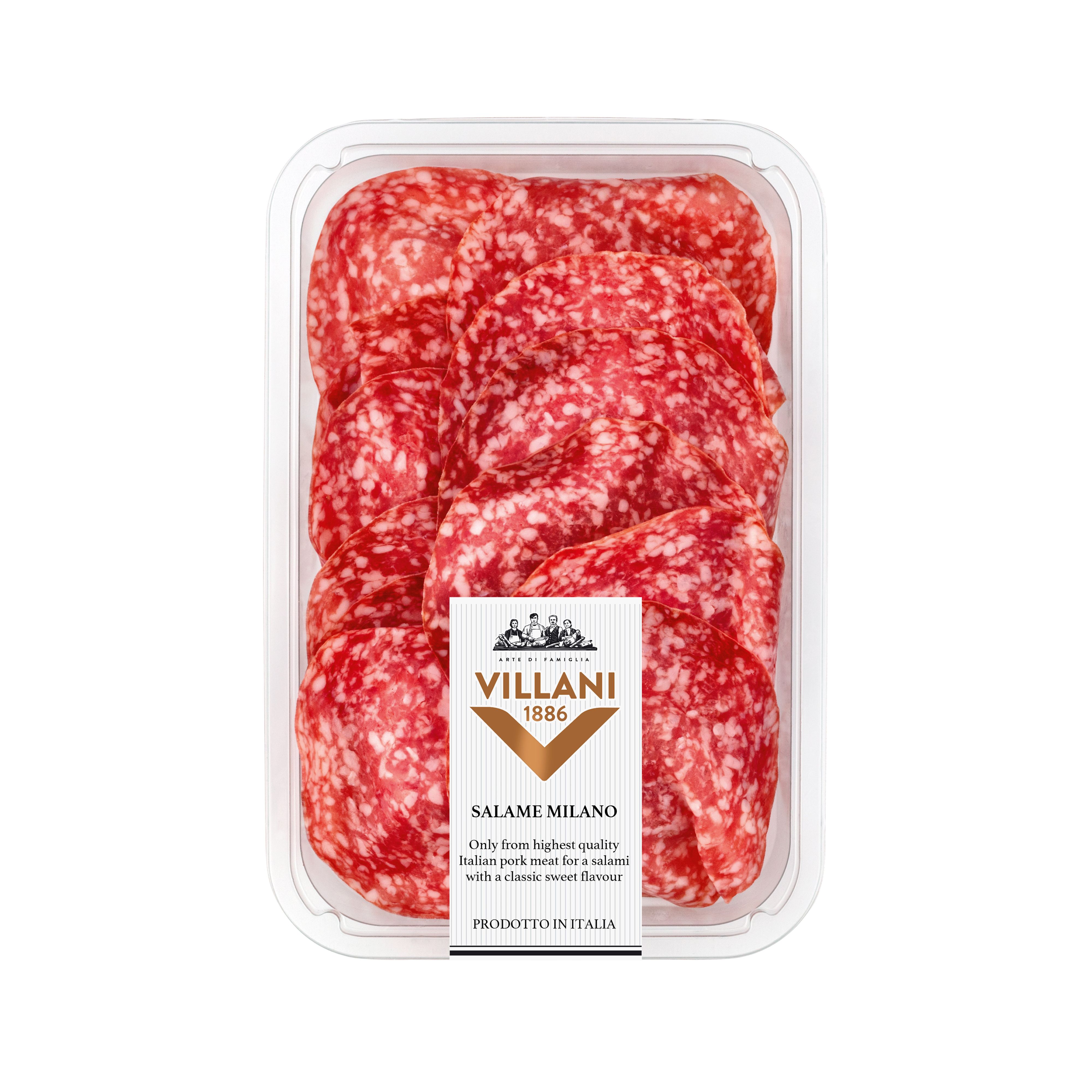 Imported Italian Milano salami from Villani, pre-sliced and ready to serve. Made from choice Italian pork and cured for a minimum of 6 months — sweet, lightly spiced, and evenly sliced.