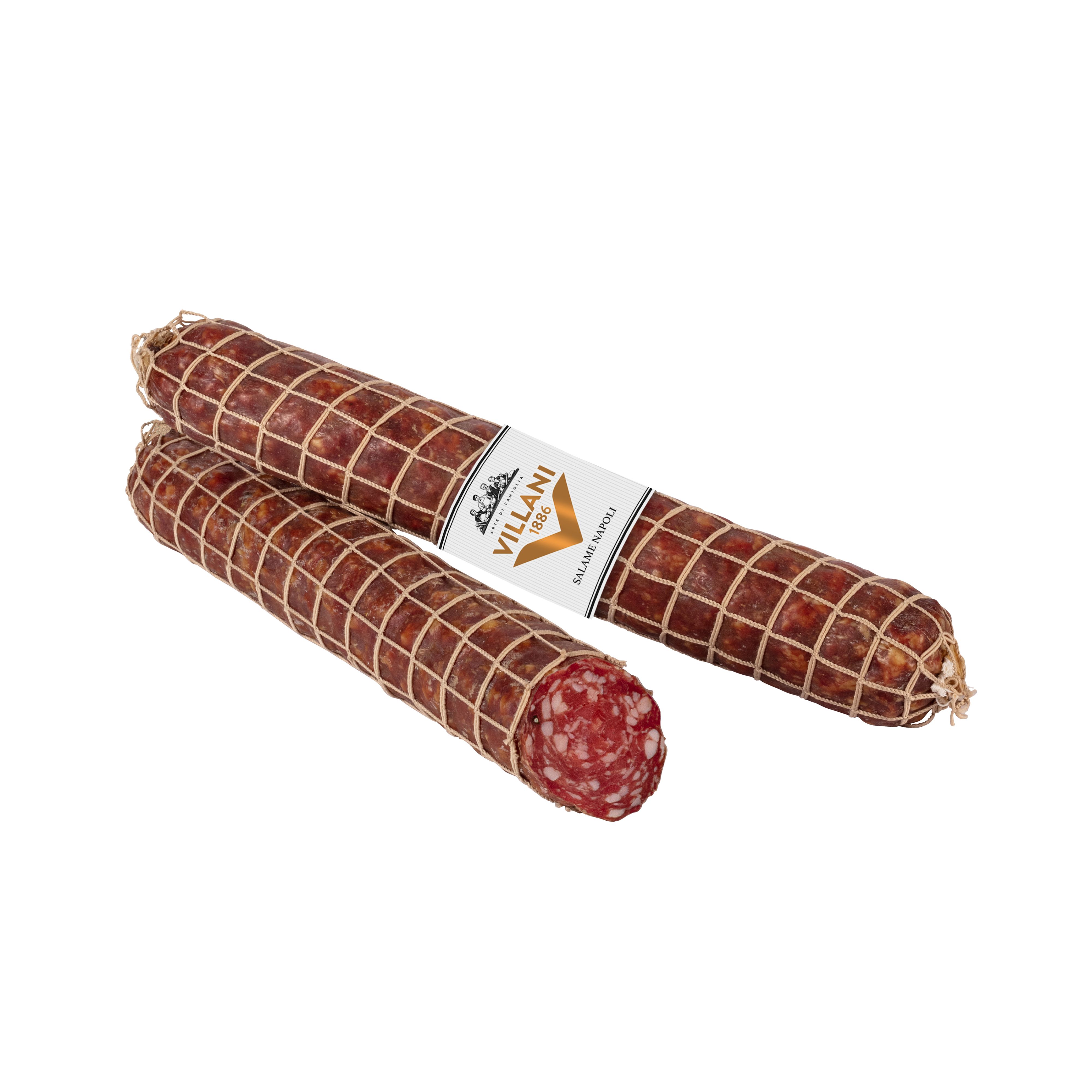 Imported Italian Napoli salami from Villani. Fine pork seasoned with salt, white wine and peppercorns — with a ruby red colour and a delicately smoky flavour.