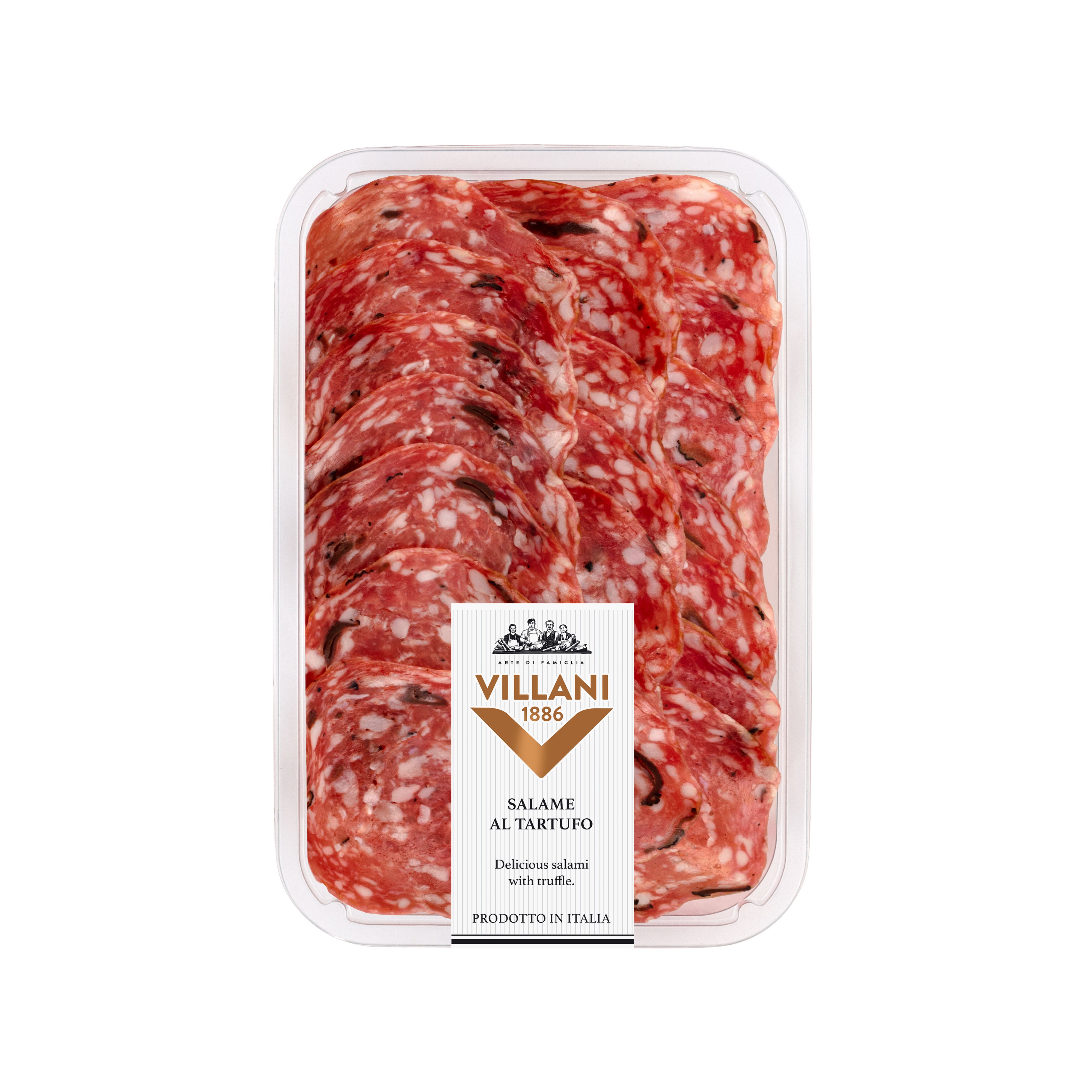 Imported Italian truffle salami from Villani, pre-sliced and ready to serve. Seasoned with summer truffle shavings throughout. Made for premium retail and entertaining.