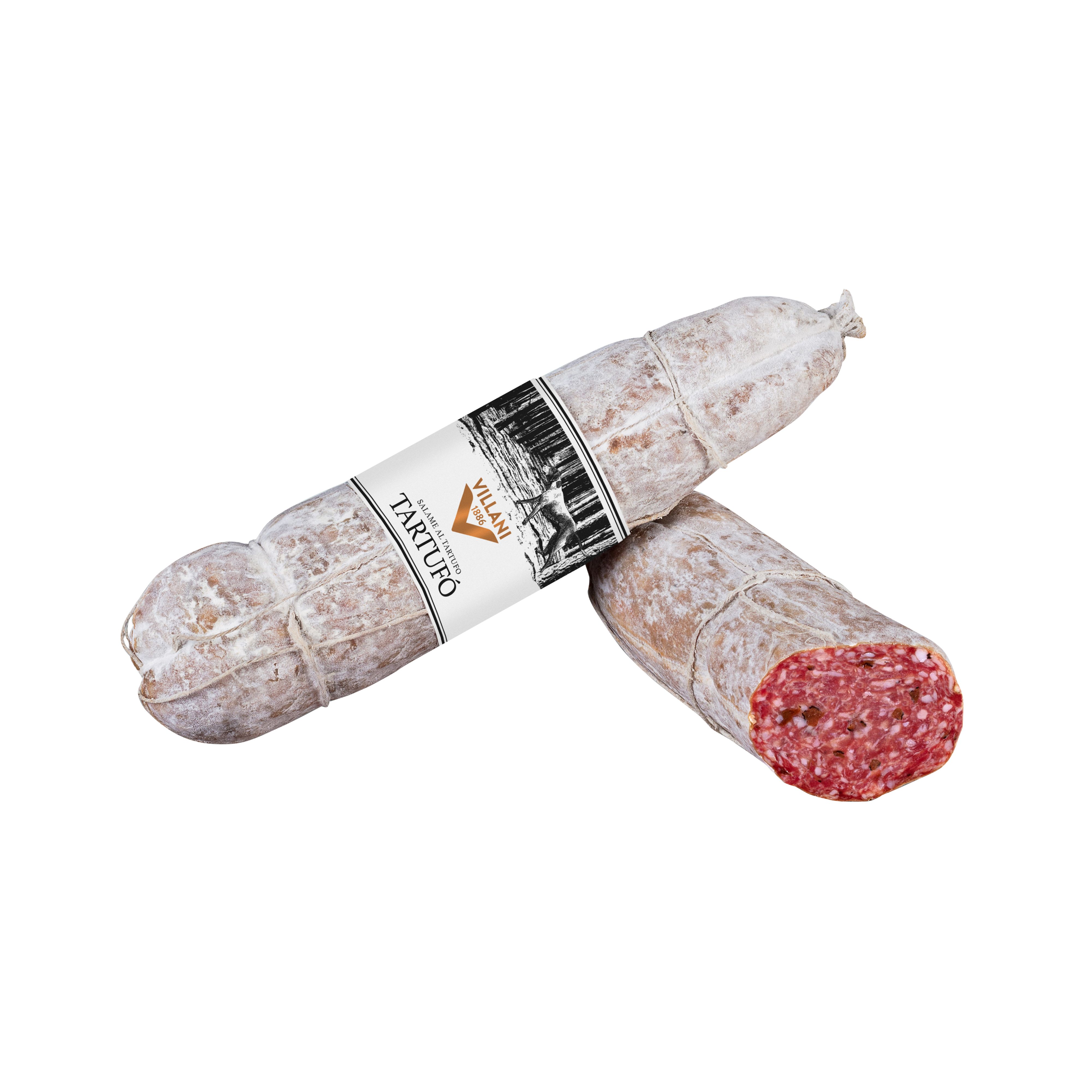 Imported Italian truffle salami from Villani. Prime pork, seasoned with flakes of truffle. Tasty, aromatic, and made for truffle enthusiasts.