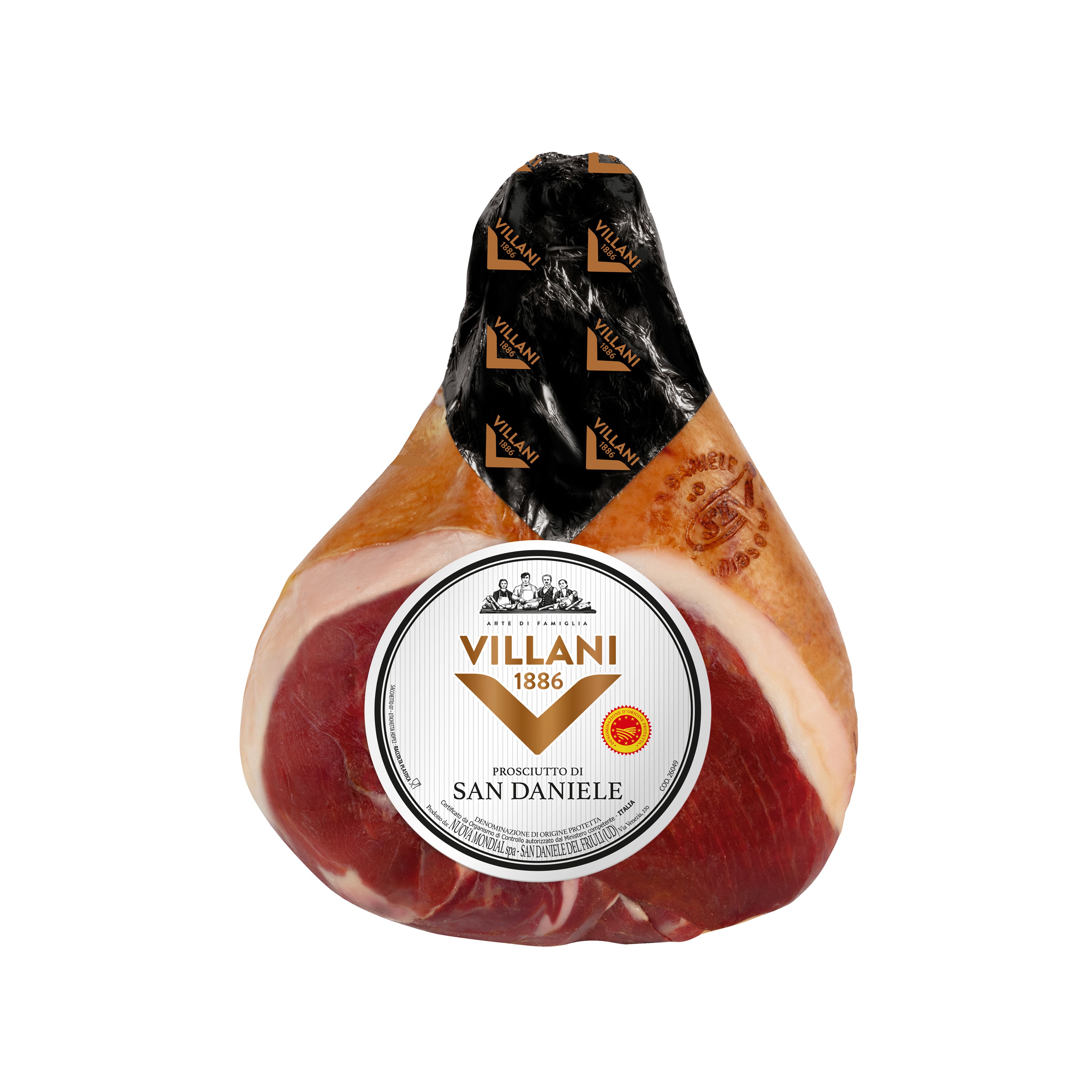 Imported Italian Prosciutto di San Daniele from Villani. A DOP-certified deboned leg cured for a minimum of 14 months in Friuli, with a sweet, delicate flavour and a distinctive aromatic finish.