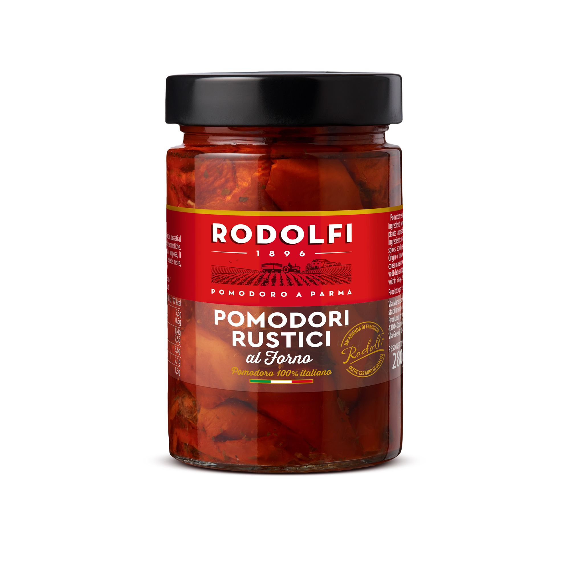 Rodolfi Semi-Dried Tomatoes from Italy, distributed by Sapori for Cape Town homes and restaurants seeking authentic Mediterranean flavour. Seasoned with sunflower oil and herbs, perfect for antipasti, pasta, pizza, and gourmet dishes.
