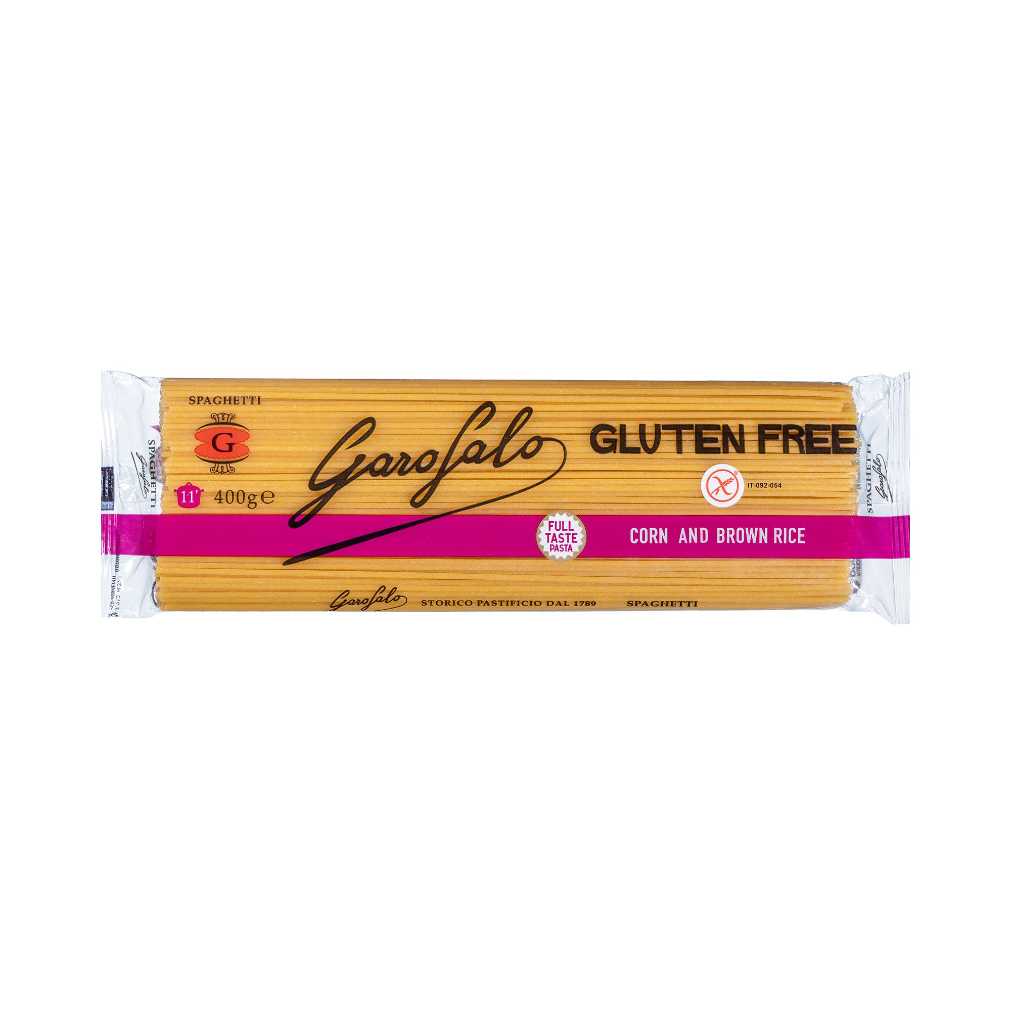 Premium gluten free Italian spaghetti from Gragnano. Bronze-die cut and made from a special blend of corn, brown rice, potato, and quinoa — a genuine pasta experience for coeliacs and gluten-intolerant diners.