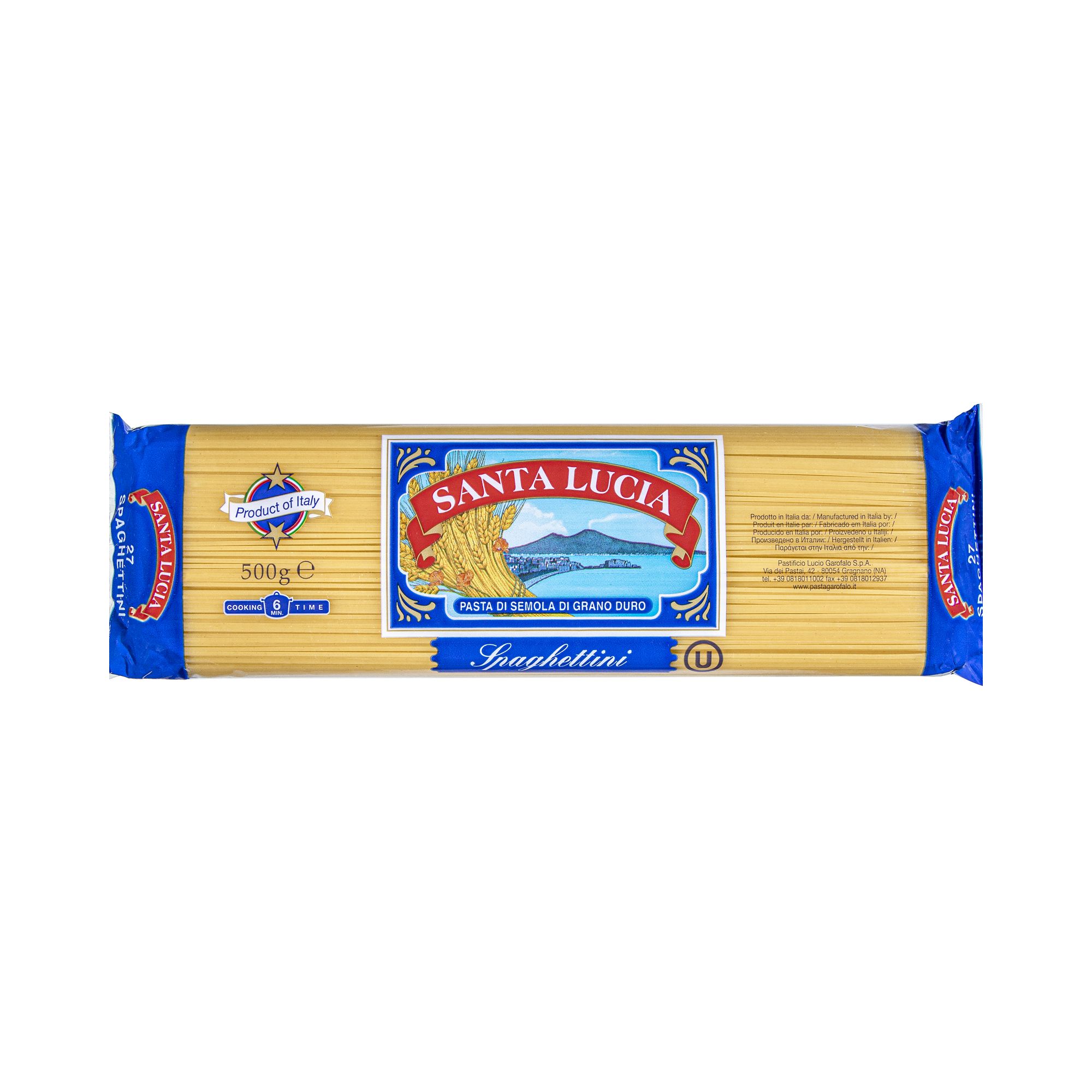 Italian spaghettini from Santa Lucia. A thinner, more delicate version of classic spaghetti, well suited to light seafood sauces, olive oil-based preparations, and delicate broths.