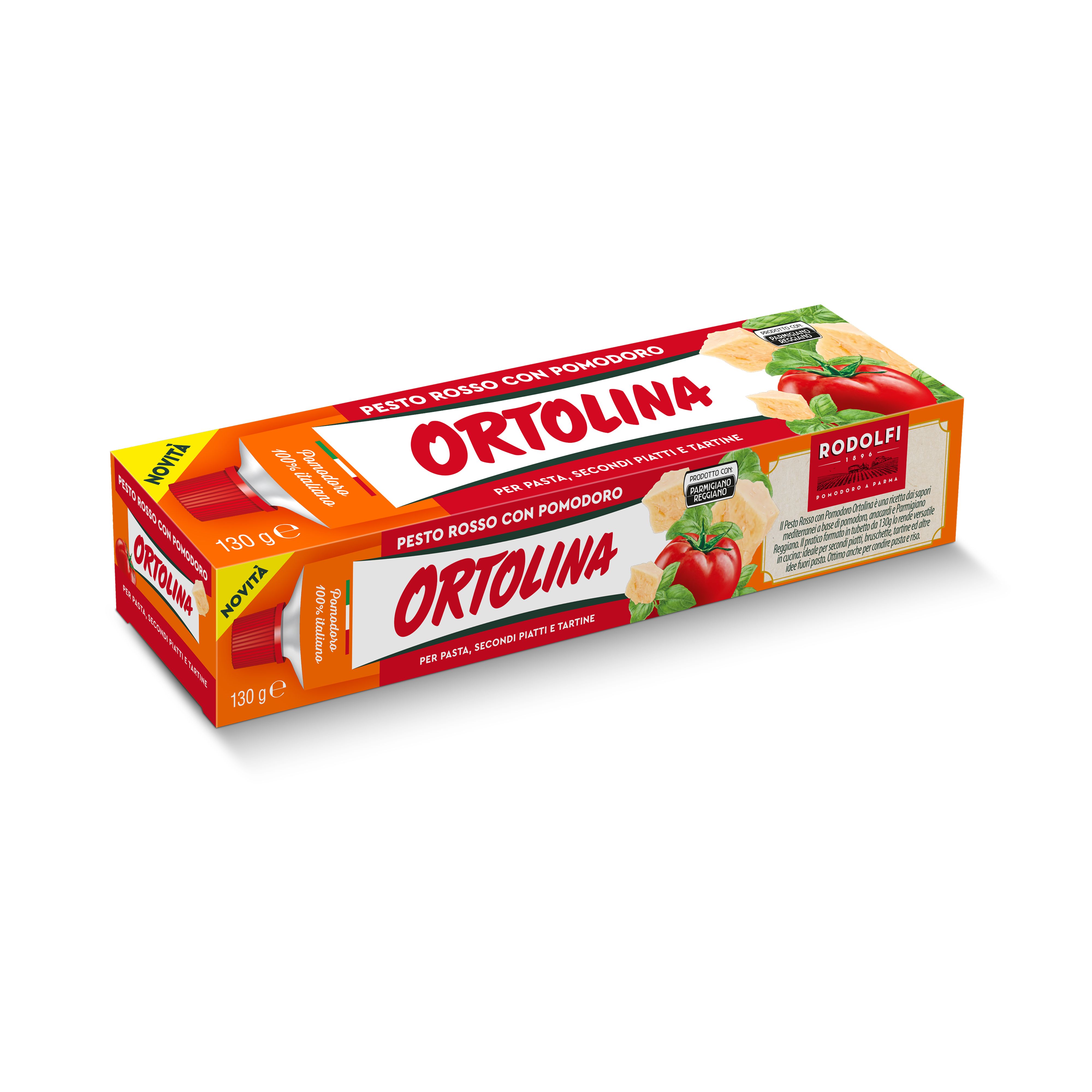 Ortolina Red Pesto with Tomato, produced in Italy and distributed by Sapori to Cape Town. Mediterranean-style pesto made with tomatoes, cashews, and Parmigiano-Reggiano PDO, perfect for home cooking and appetizers.