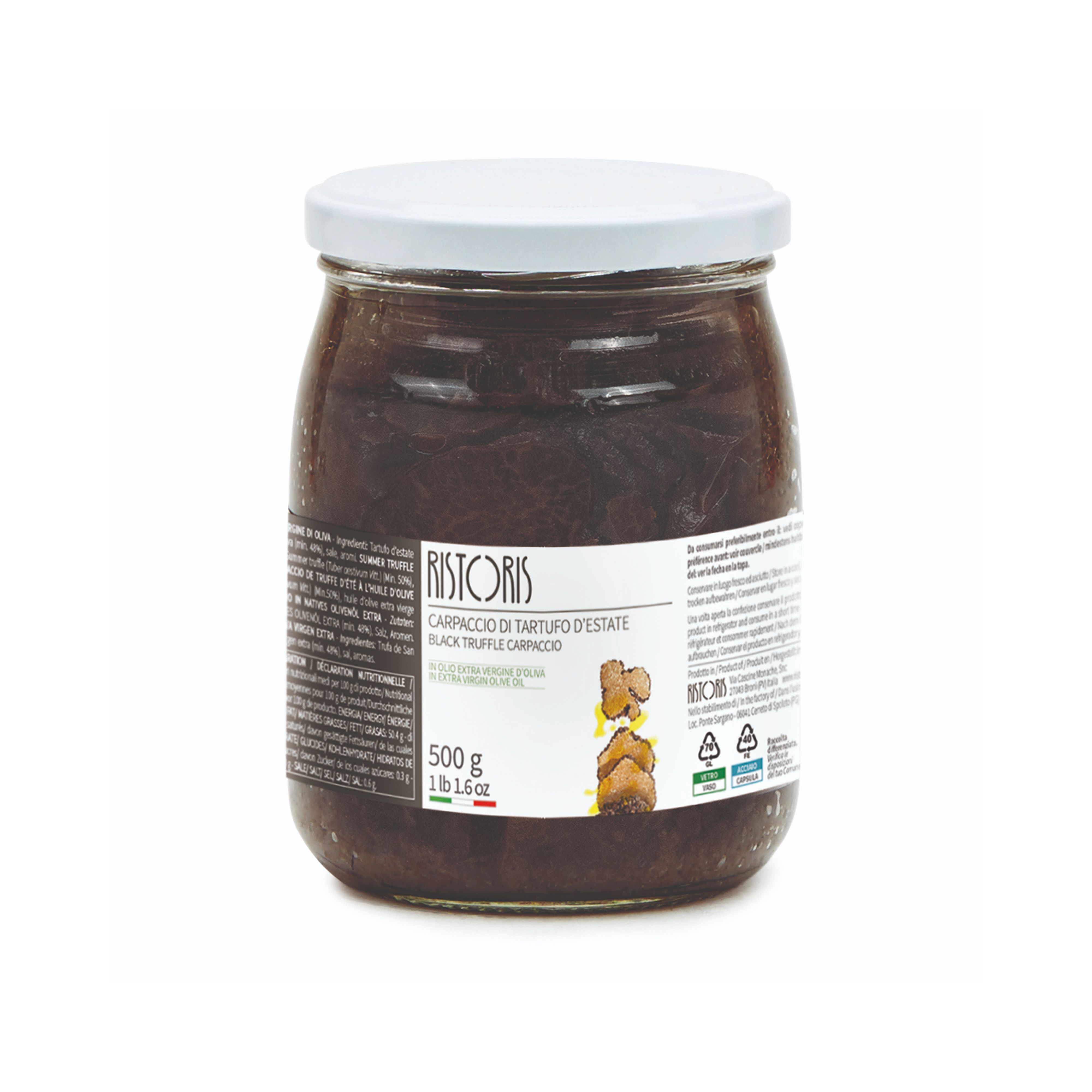 Thinly sliced summer truffle preserved in extra virgin olive oil, with a minimum truffle content of 50%.