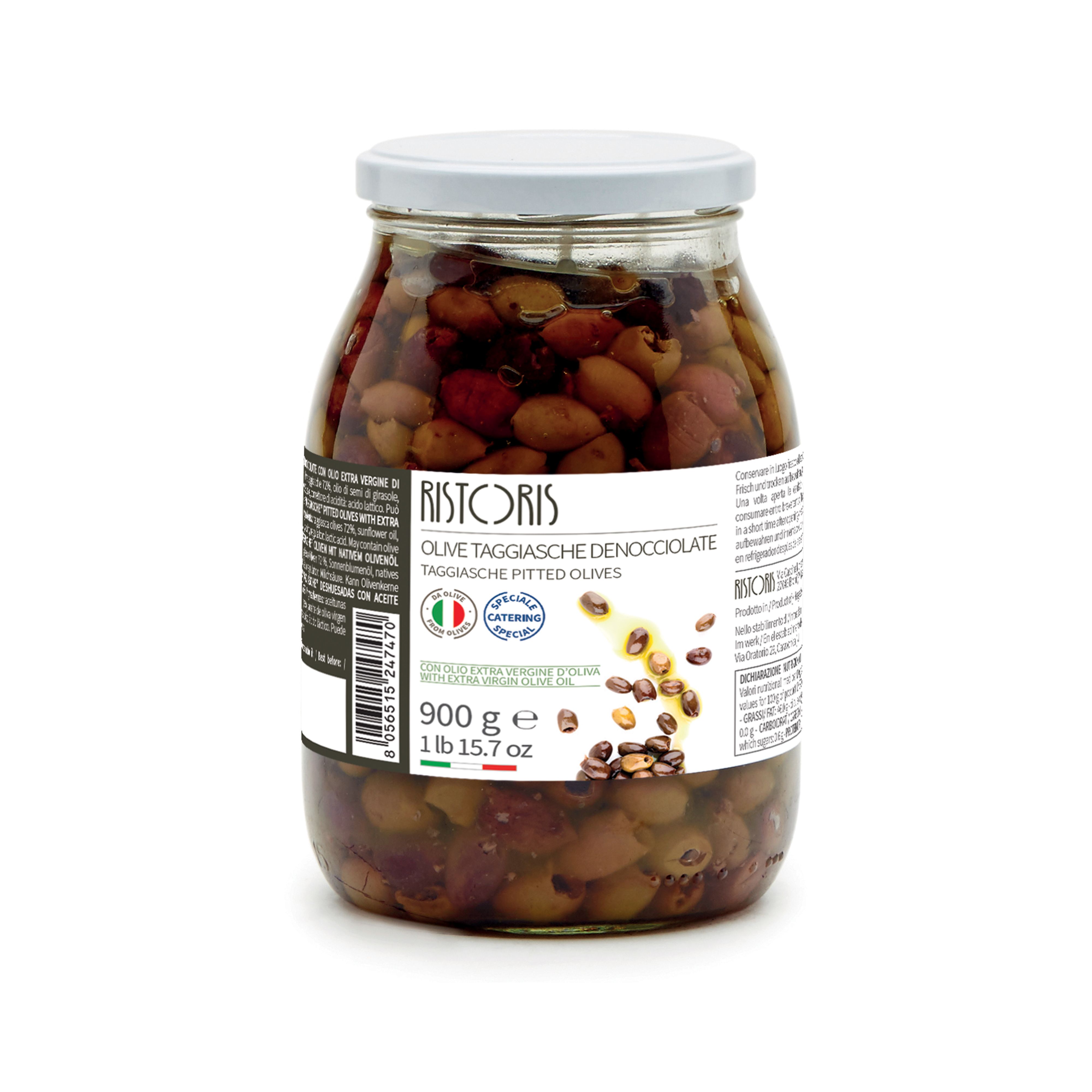 Pitted Taggiasche olives from the Ligurian Riviera, preserved in extra virgin olive oil rather than brine.