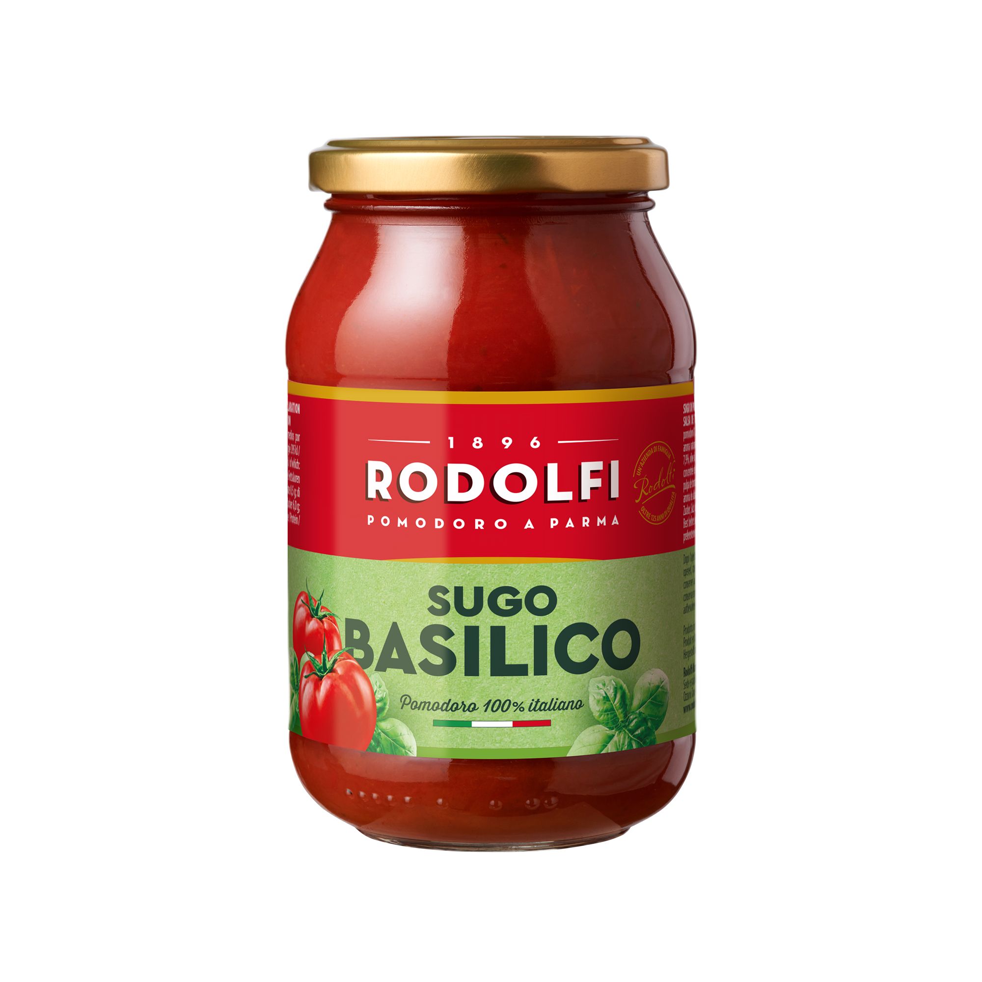 Italian tomato and basil sauce from Rodolfi. A simple, classic combination of diced Italian tomatoes and fresh basil from Parma. Ready to heat and serve in minutes.