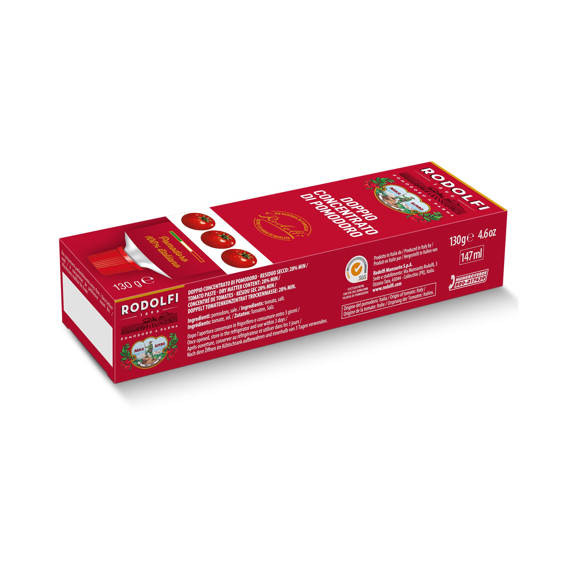 Italian double concentrated tomato paste from Rodolfi, produced in Italy and distributed by Sapori to Cape Town. Rich, vibrant red paste ideal for enhancing colour and flavour in home-cooked dishes.