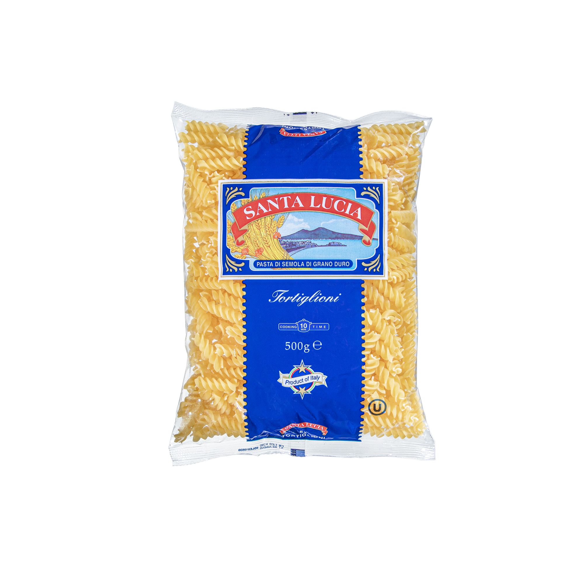Italian tortiglioni from Santa Lucia. A large, ridged tube pasta with a spiral exterior well suited to chunky meat sauces, baked dishes, and robust tomato-based preparations.