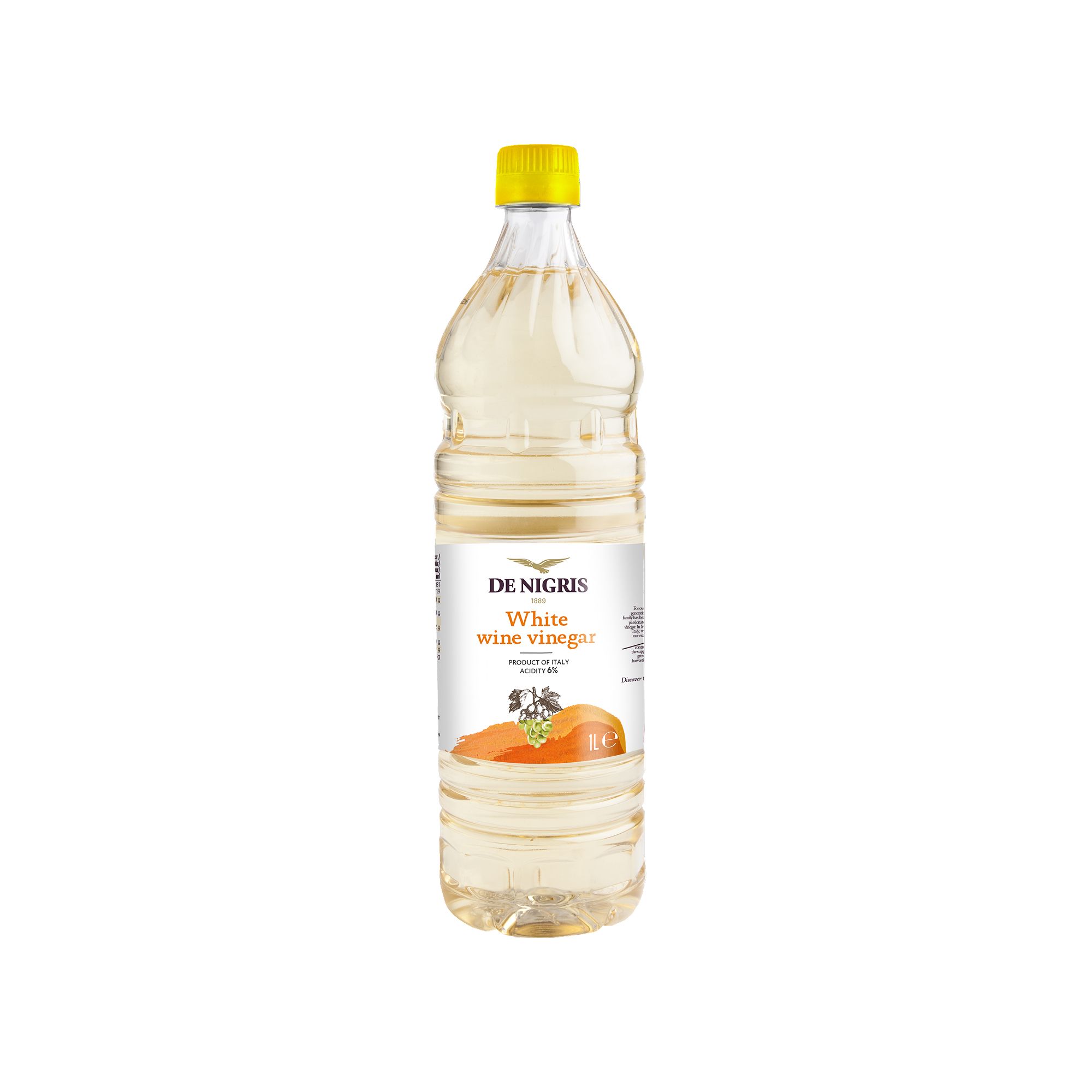 Italian white wine vinegar from De Nigris. A clean, bright 6% acidity vinegar suited to dressings, marinades, pickling, and everyday kitchen preparations.